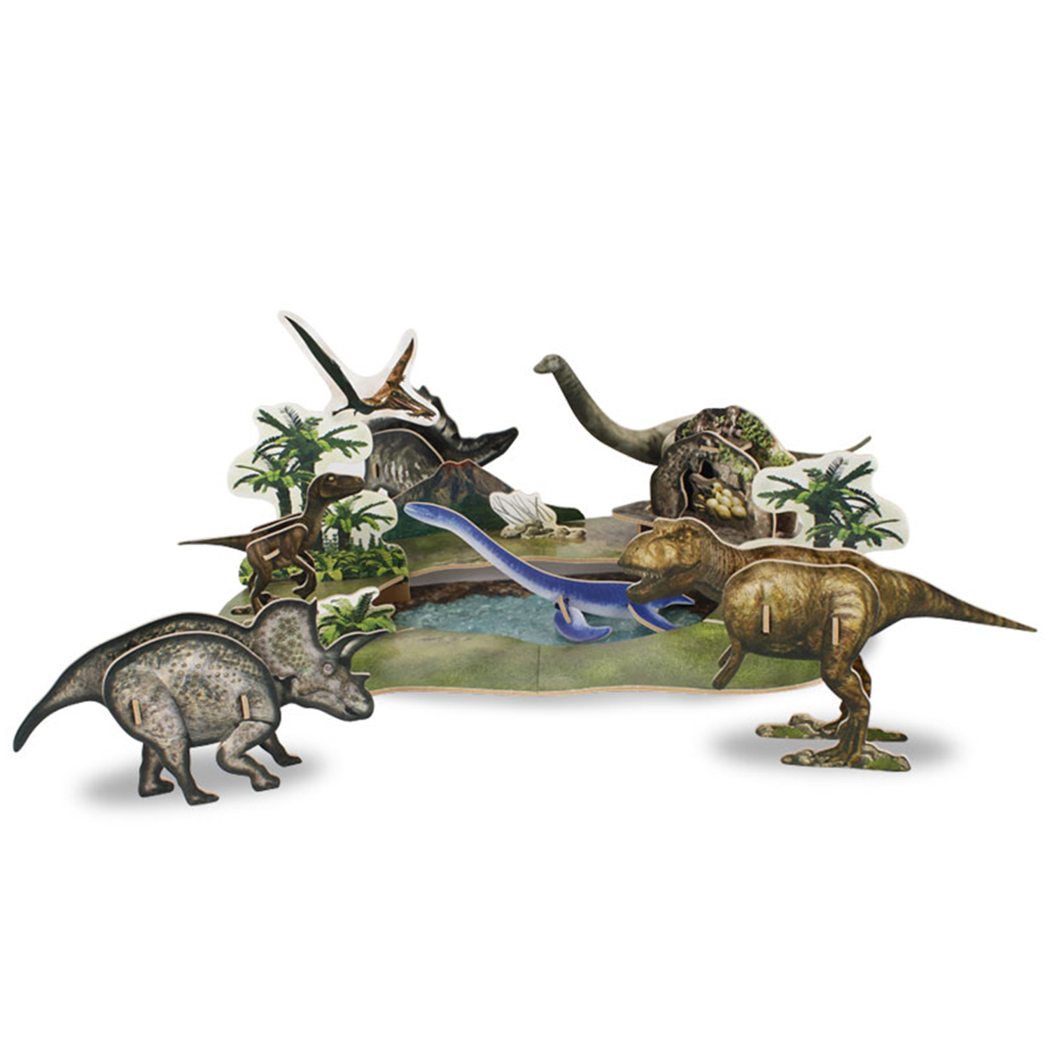 Diorama de dinosaurios con múltiples dinosaurios, una pequeña piscina y plantas sobre fondo blanco.