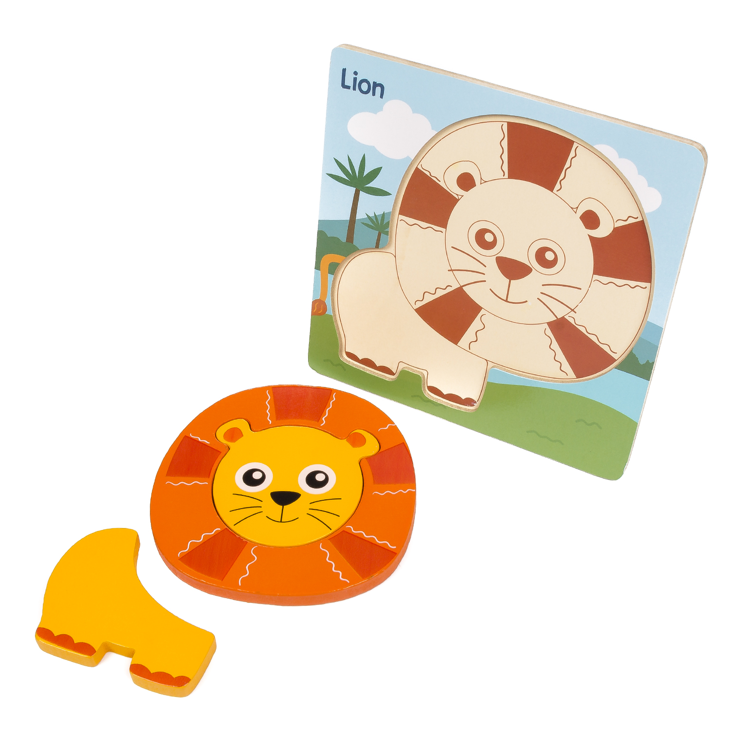 Puzzle leone con pezzo mancante, in legno, colorato, con testa di leone separata.