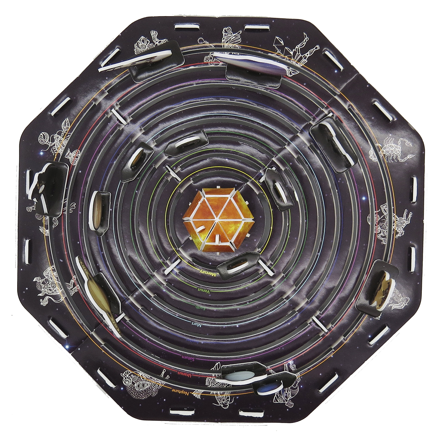 Ein schwarz-weißes Sonnensystem-Puzzle mit Planeten und Tierkreiszeichen. Eine orangefarbene Sonne in der Mitte.