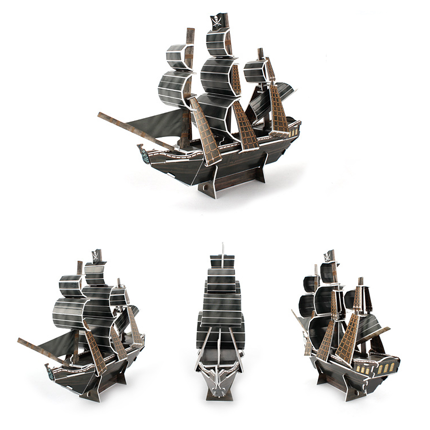 Modello di nave pirata, vele nere, scafo in legno marrone, viste multiple.