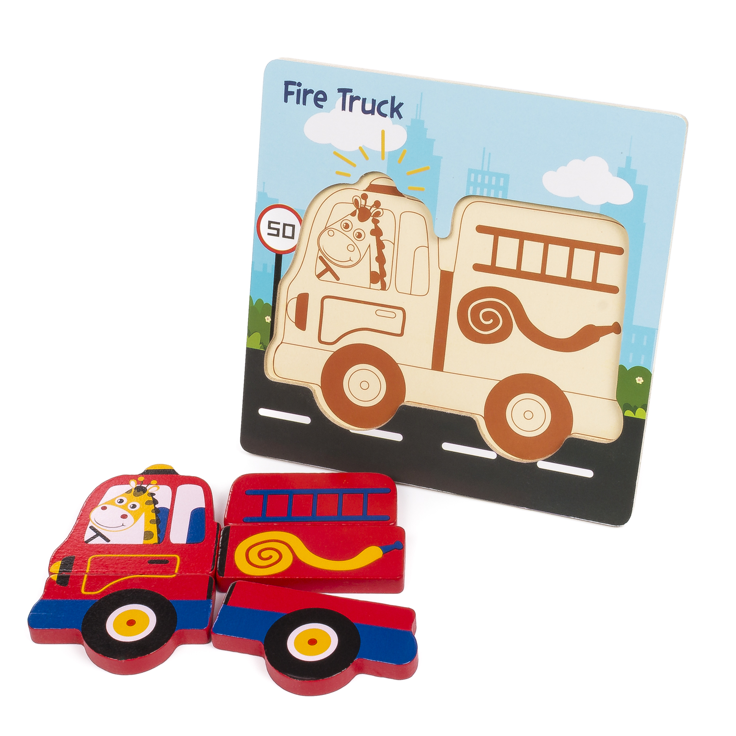 Holz-Feuerwehr-Puzzle mit Teilen. Das Puzzle zeigt eine Giraffe, die den Truck fährt, mit einem 50-Schild.