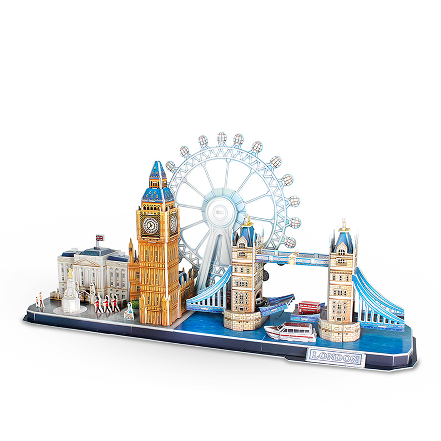 Model londyńskich zabytków: Big Ben, London Eye, Tower Bridge i czerwony autobus. Białe tło.