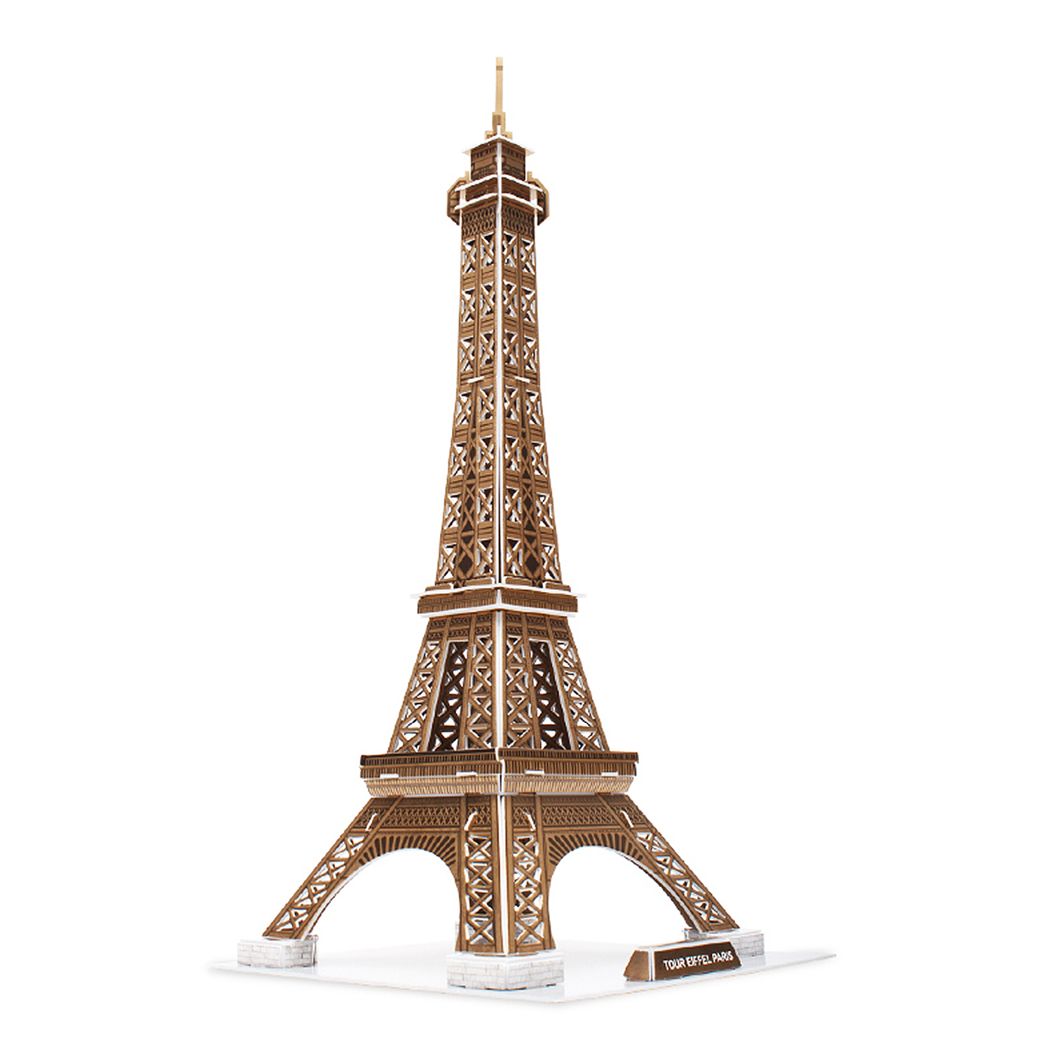 Puzzle Torre Eiffel in legno, colore marrone, su superficie bianca.