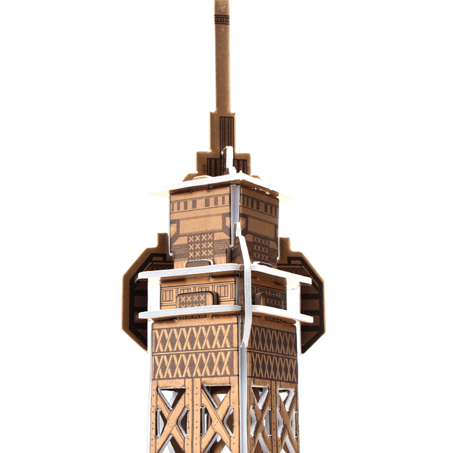 Primo piano di un modello marrone della Torre Eiffel su sfondo bianco.