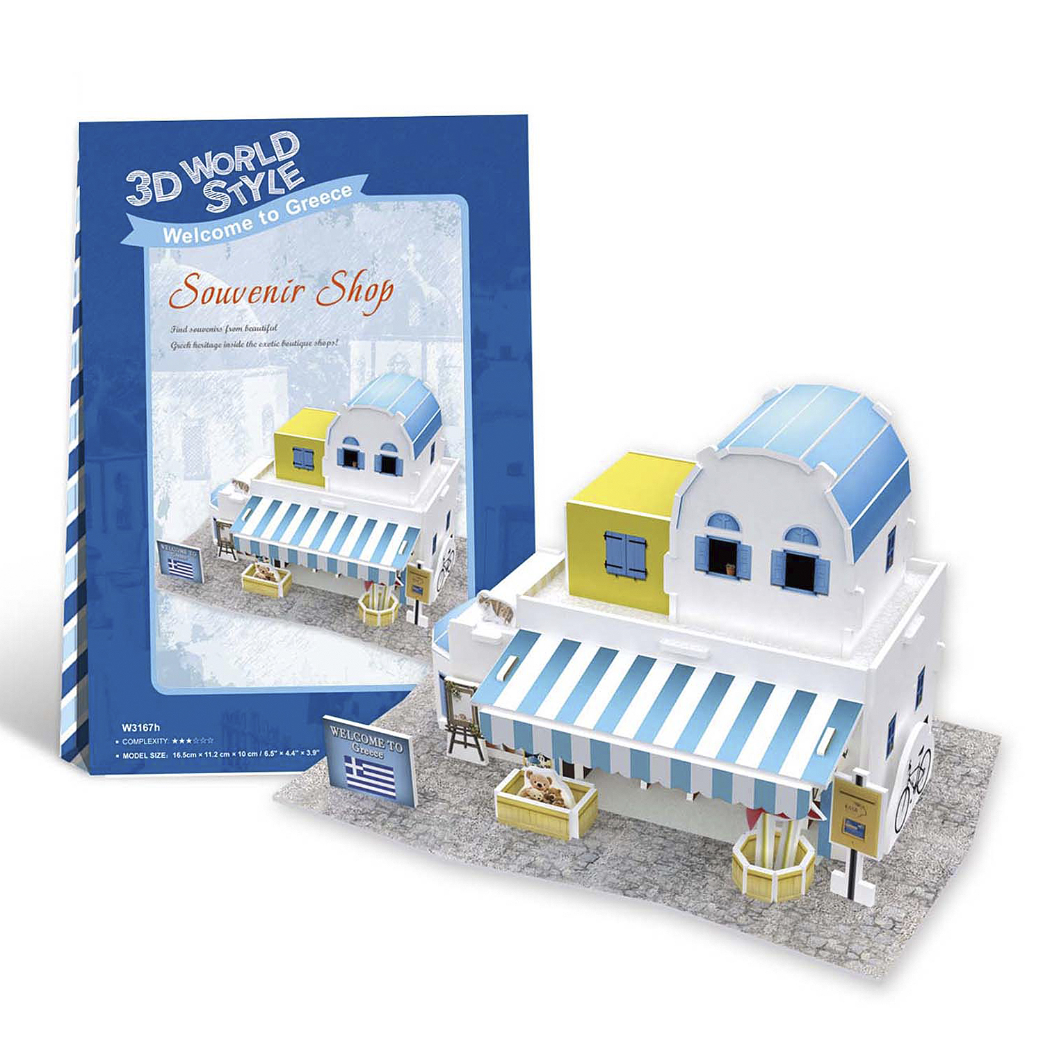 Ein 3D-Modell eines Souvenirladens in Griechenland, mit blau-weißem Farbschema.
