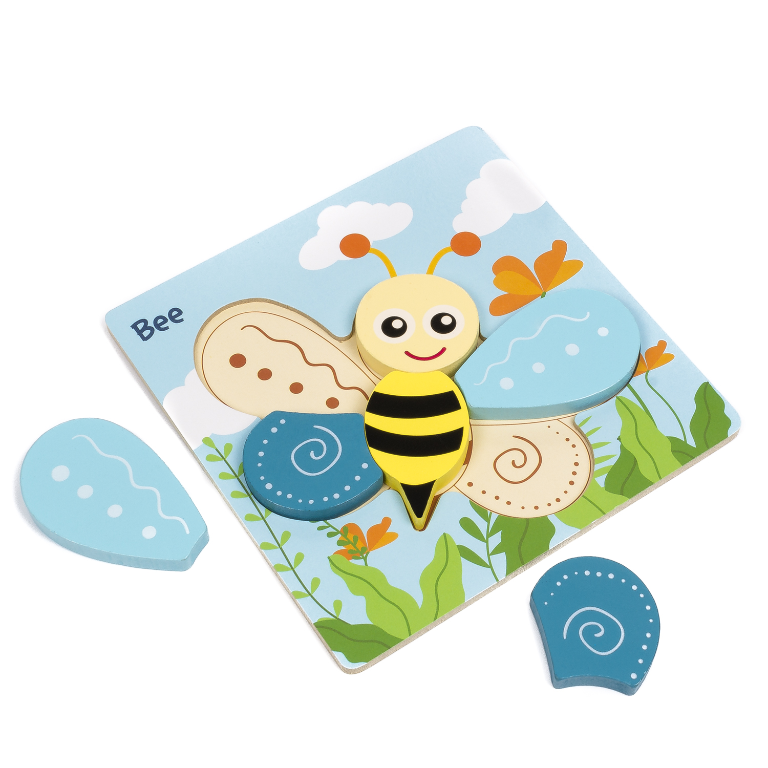 Ein Bienenpuzzle mit getrennten Teilen auf blau-weißem Hintergrund.