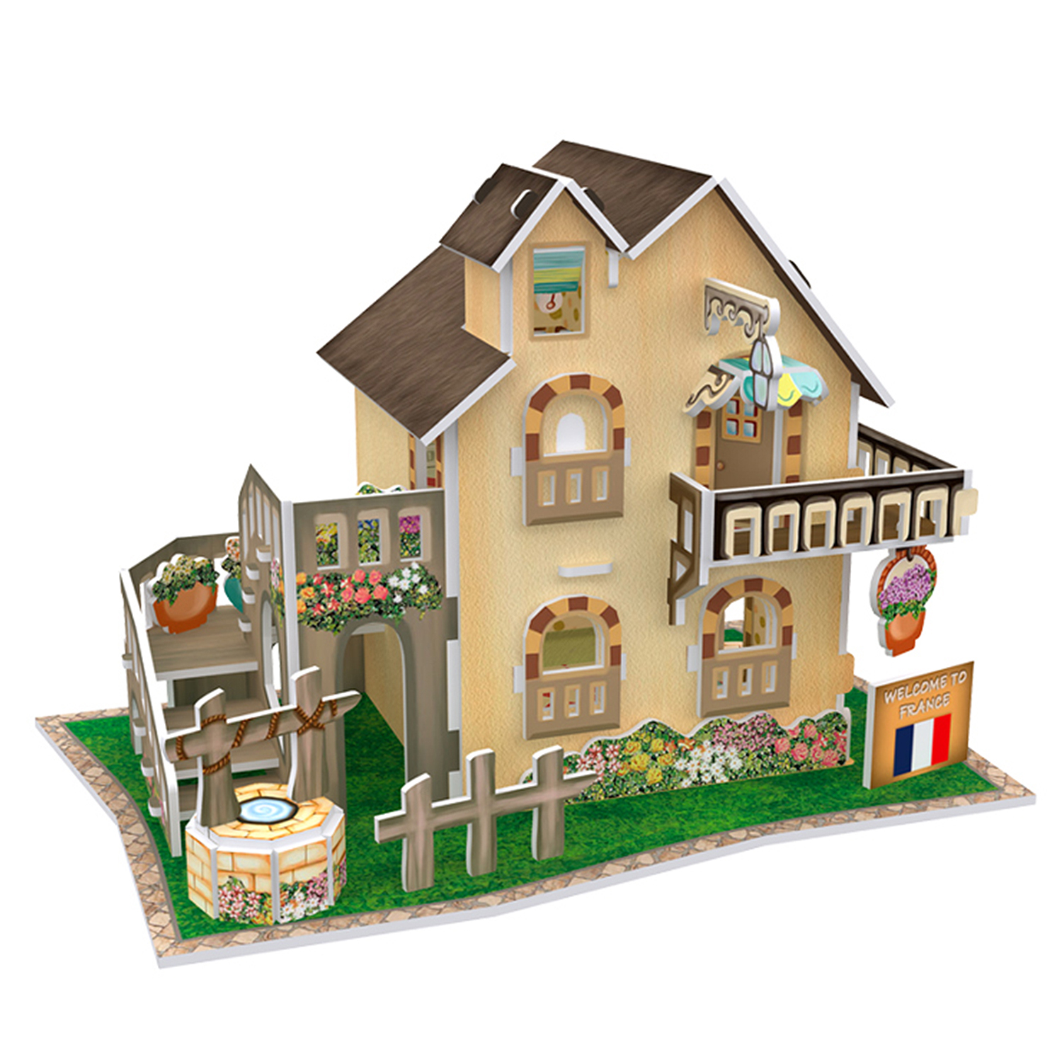 Un puzzle 3D di una casa gialla con tetto marrone, fiori e un cartello di benvenuto.