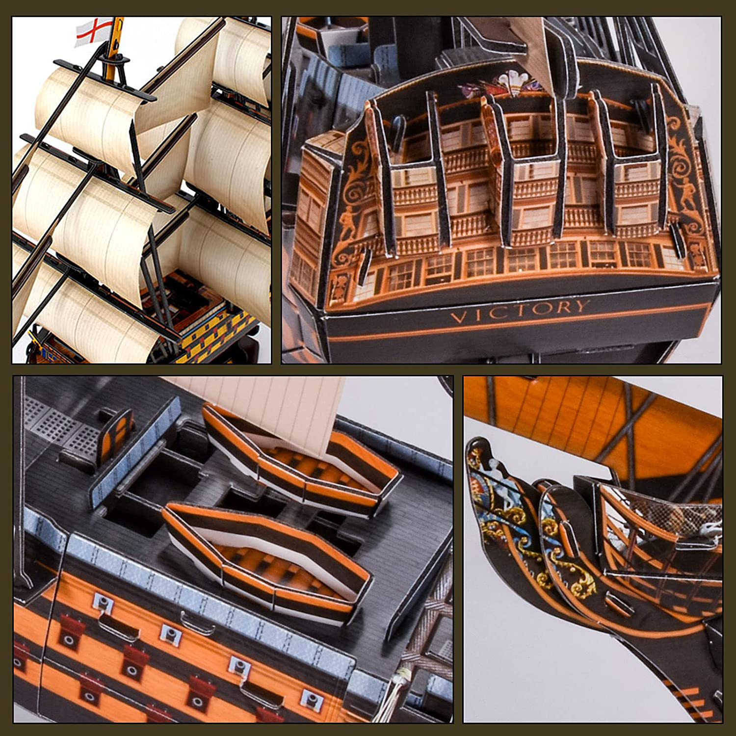 Nahaufnahmen eines Schiffsmodellpuzzles mit Segeln, Rumpfdetails und Decksmerkmalen. Verschiedene Details.