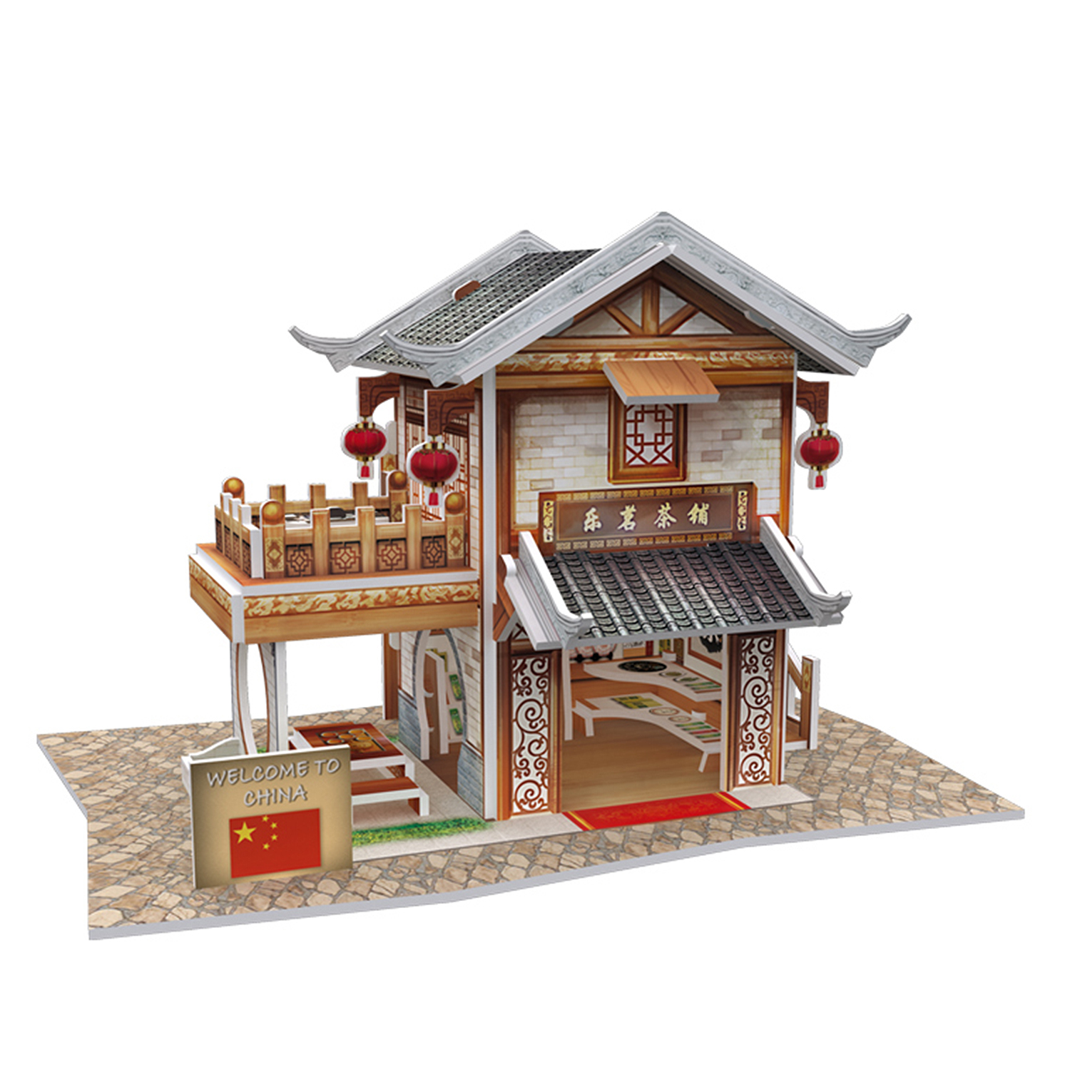 Puzzle 3D in legno di una casa da tè cinese con un cartello 'Welcome to China'.