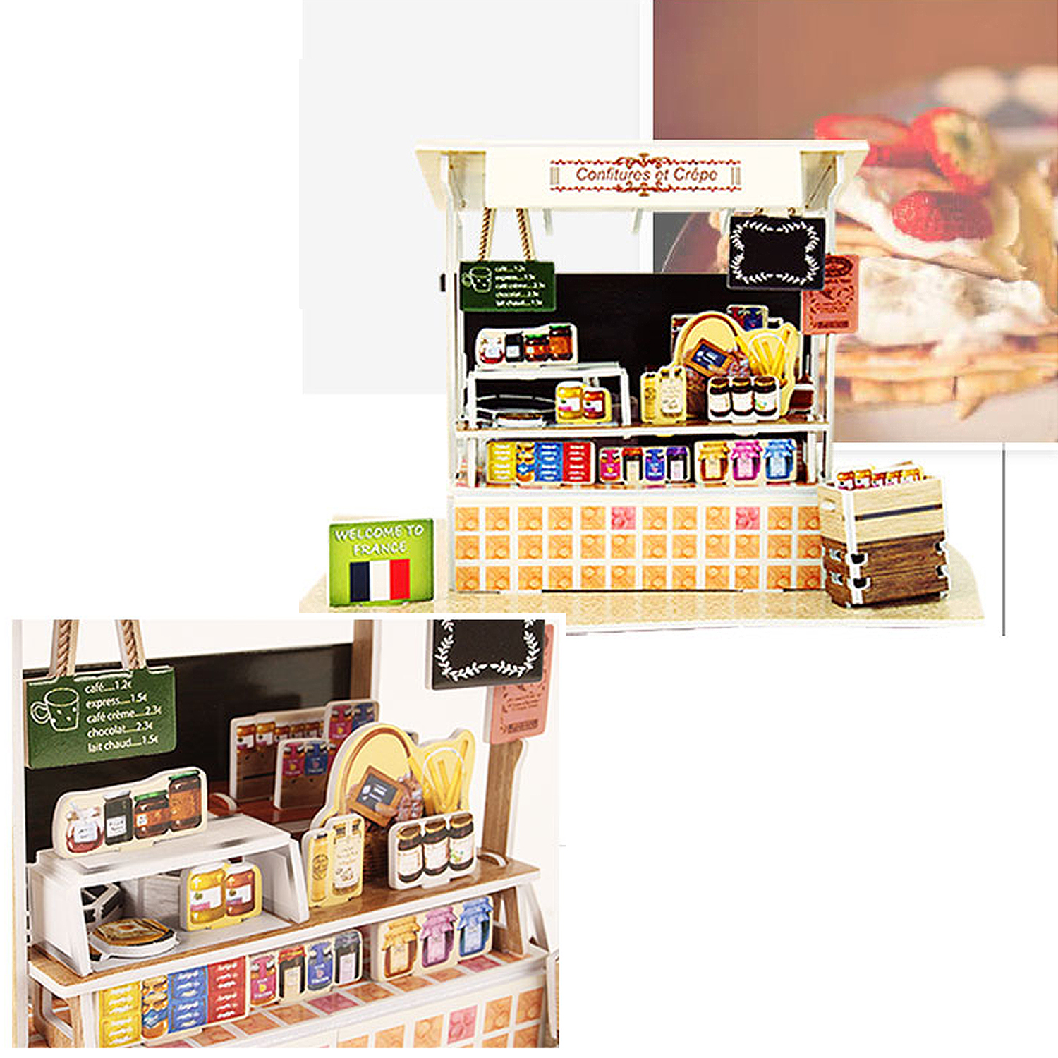 Negozio di alimentari in miniatura con due banconi, pieno di cibo. Lo sfondo è sfocato.