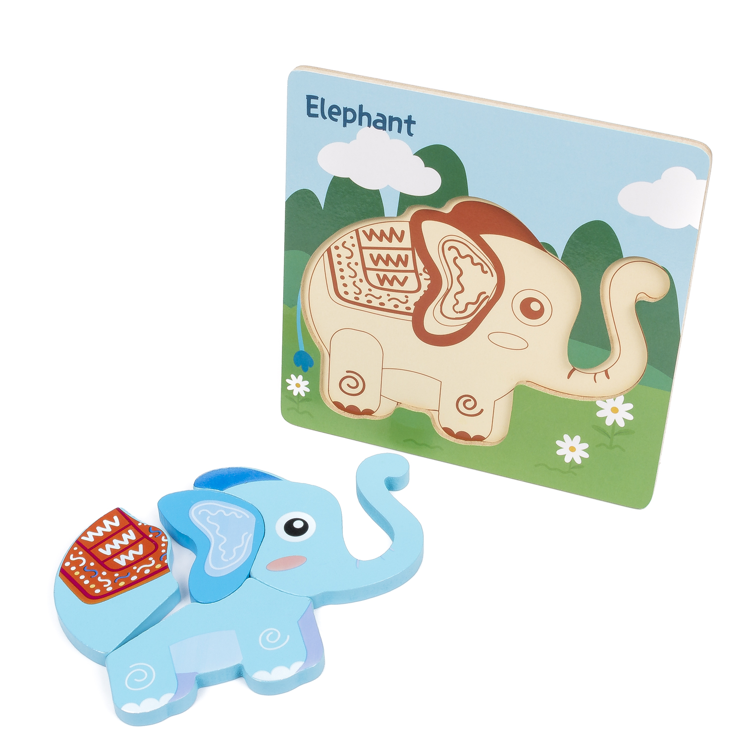 Un puzzle di elefante blu con un'immagine corrispondente su sfondo verde.