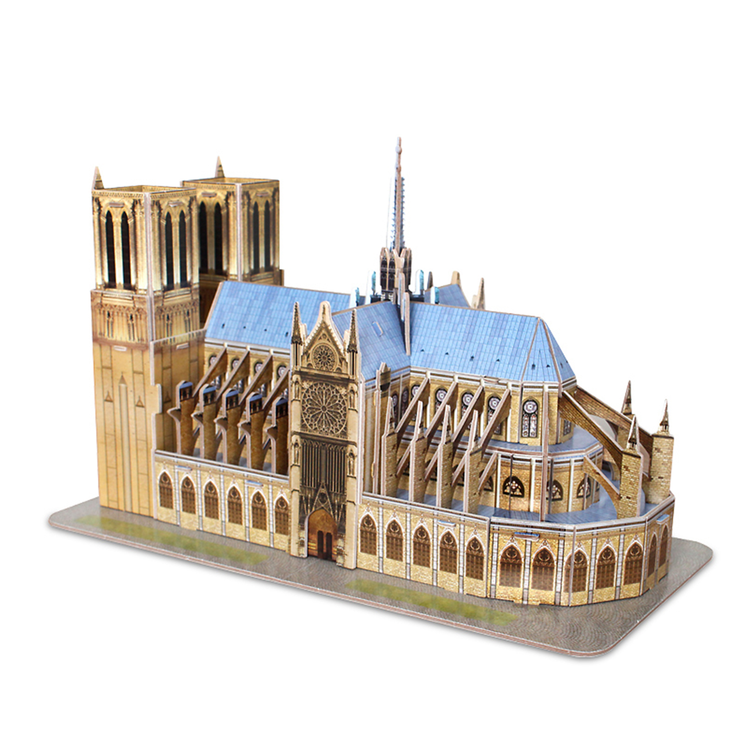 Puzzle 3D della Cattedrale di Notre Dame. Il modello ha una combinazione di colori beige e blu.