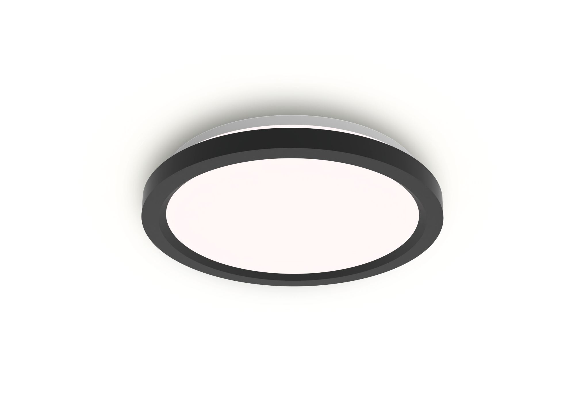 Okrągła lampa sufitowa z czarną ramą i białym, świecącym środkiem, na białym tle.