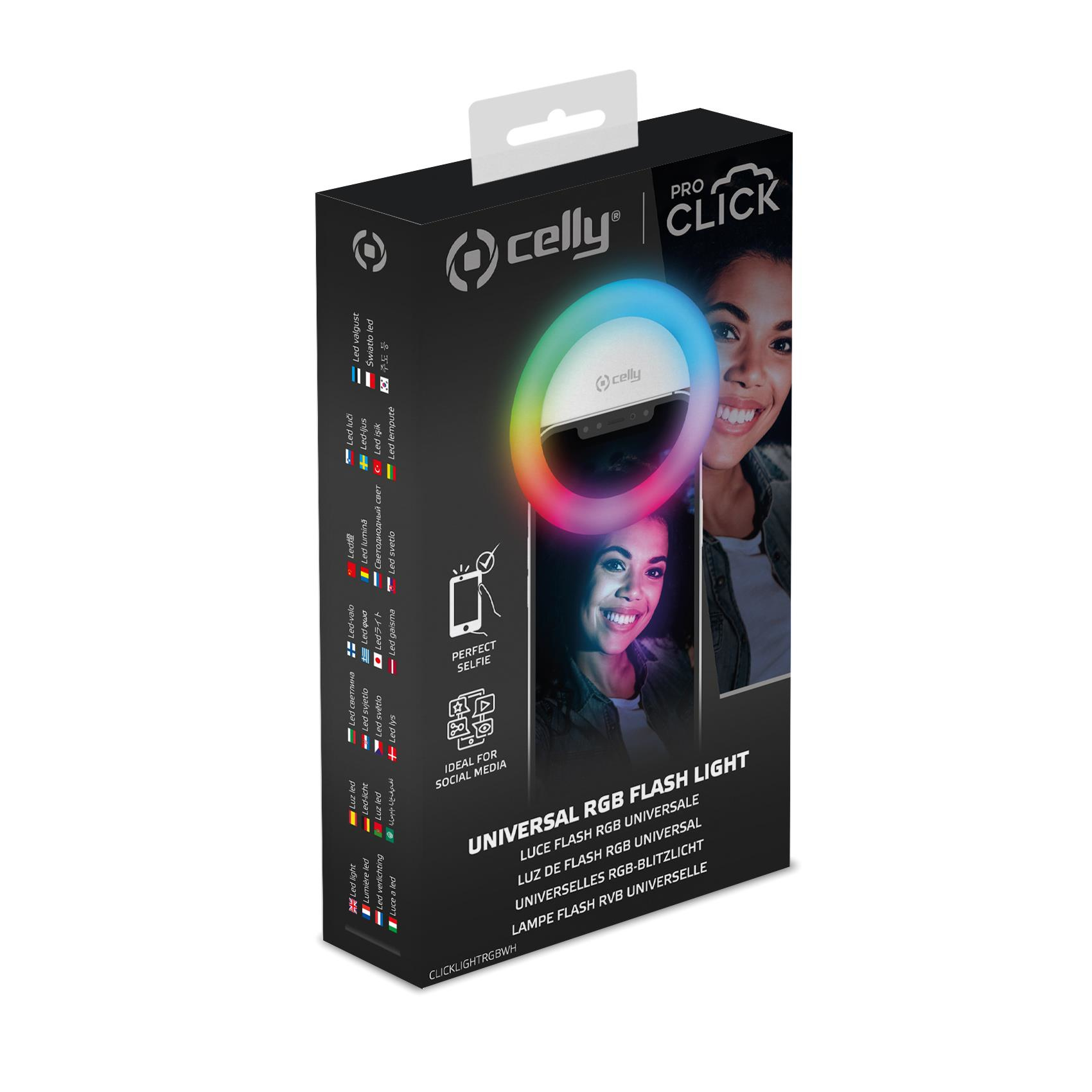 Caja con luz de anillo. Tiene una foto de mujer e info del producto: Universal RGB Flash Light.