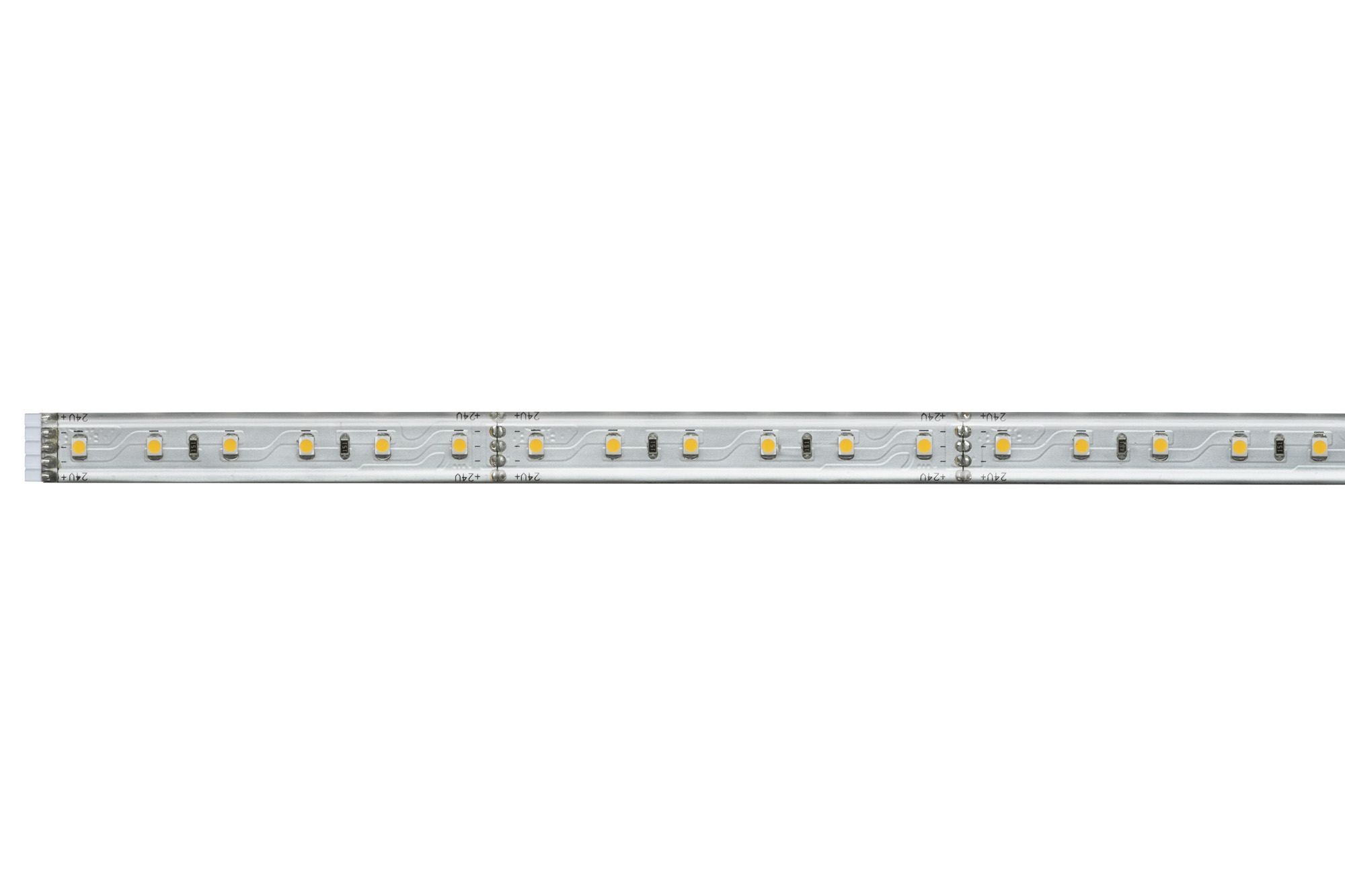 Striscia LED con luci spaziate uniformemente, su sfondo bianco.