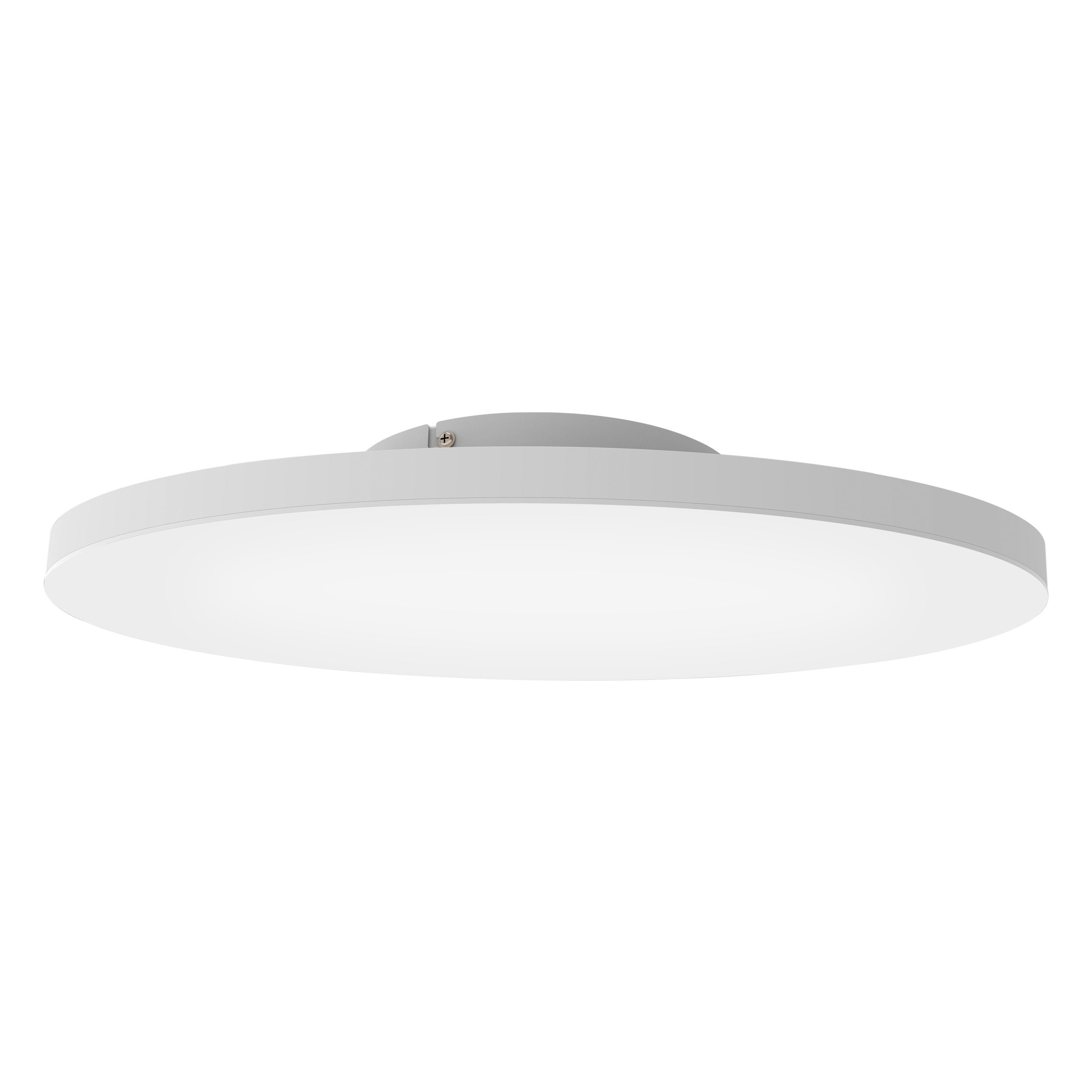Una lampada da soffitto rotonda bianca con bordo grigio e luce bianca brillante.