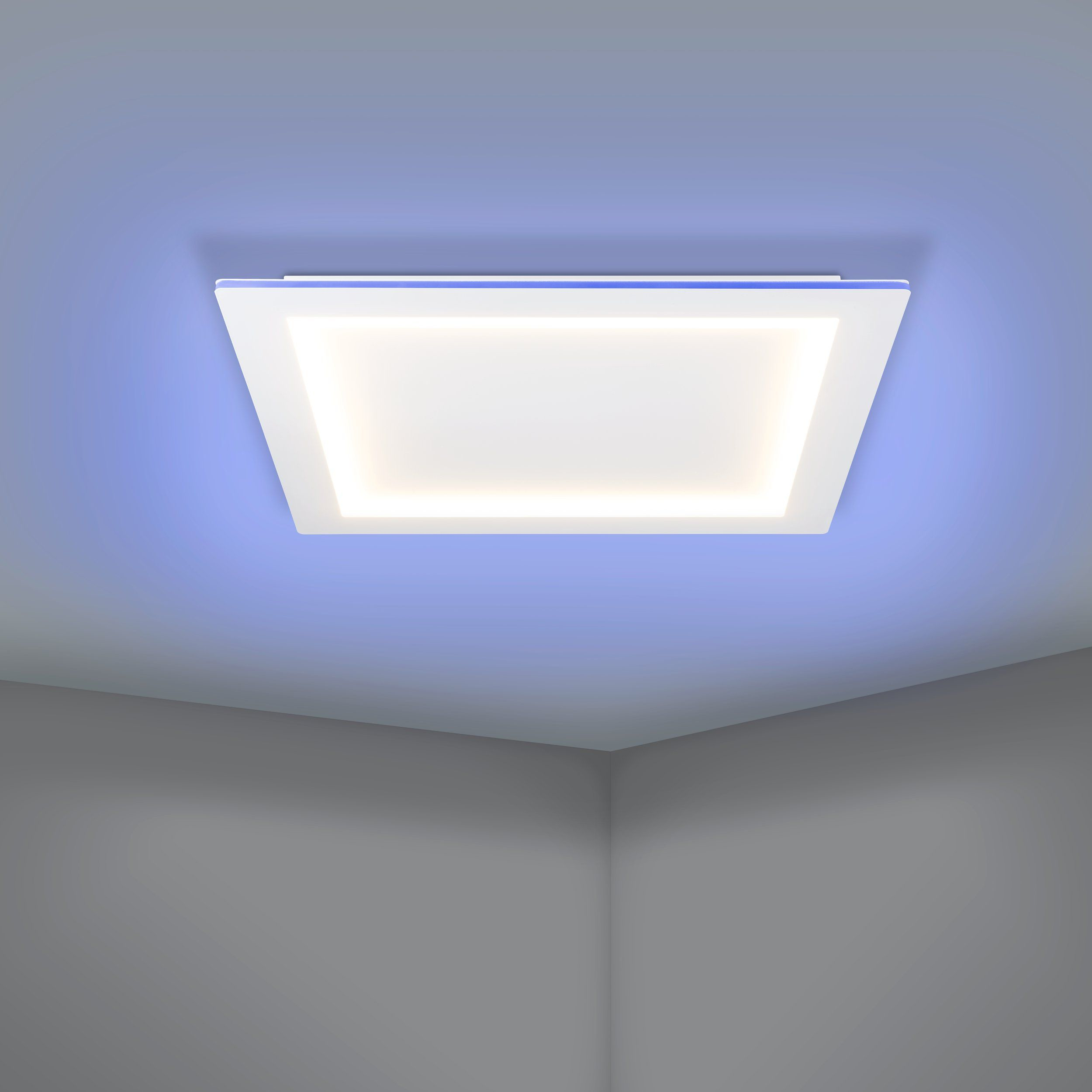 Eine quadratische Deckenlampe wird gezeigt. Sie strahlt weißes Licht aus, umgeben von Blau.