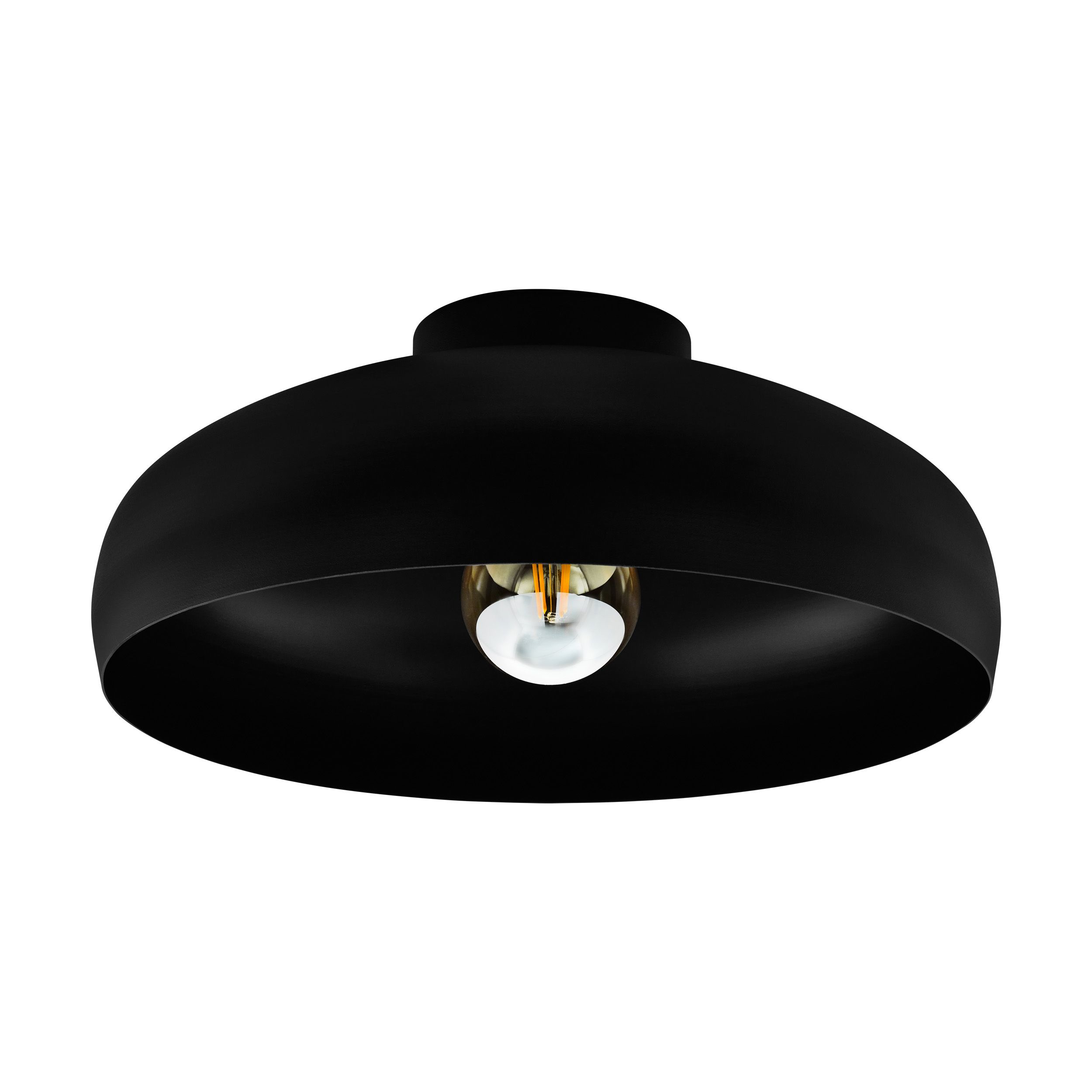 Lampada nera a forma di cupola con lampadina visibile, su sfondo bianco.