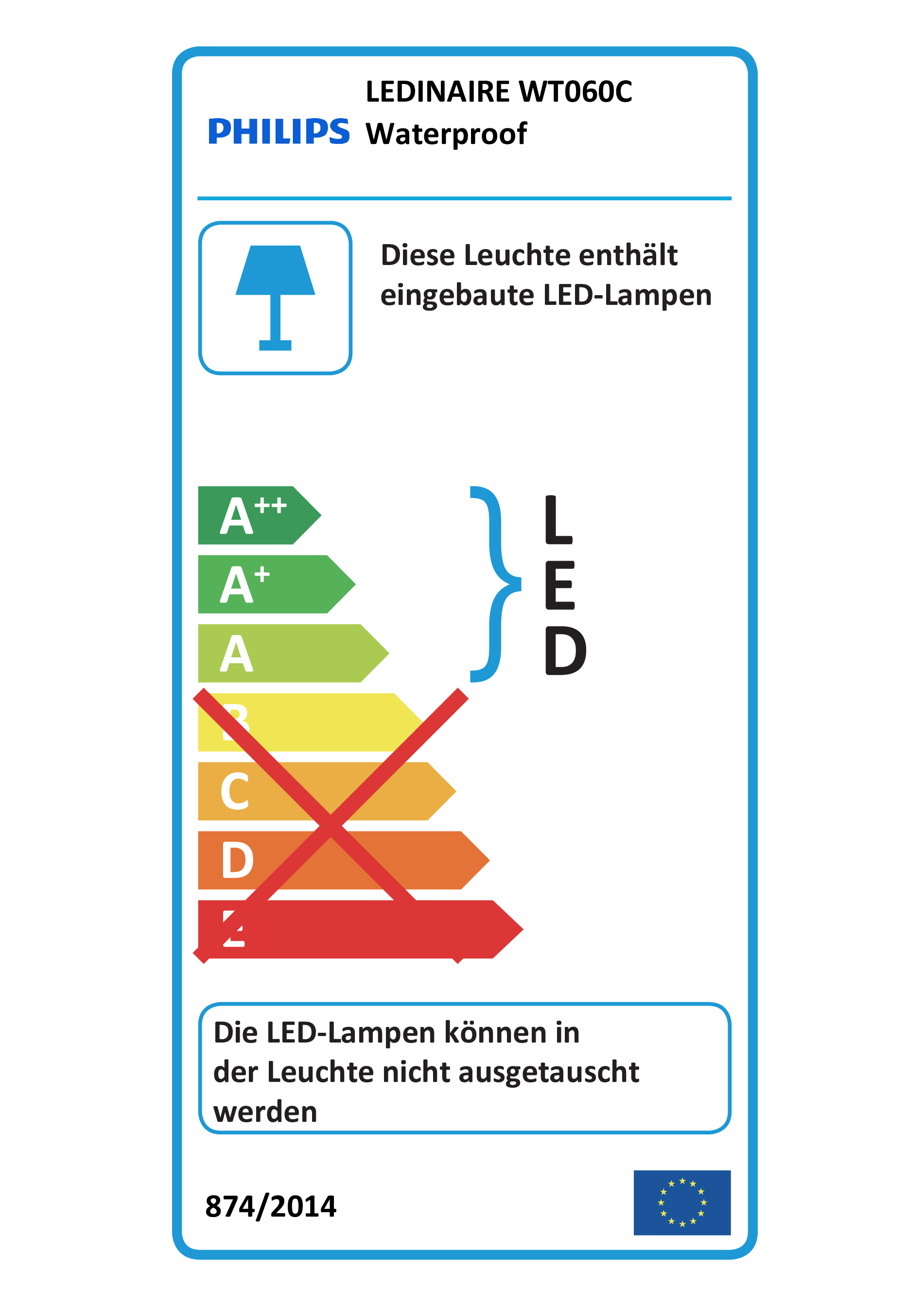 Un'etichetta energetica per una luce Philips. Mostra classi di efficienza energetica e informazioni LED.