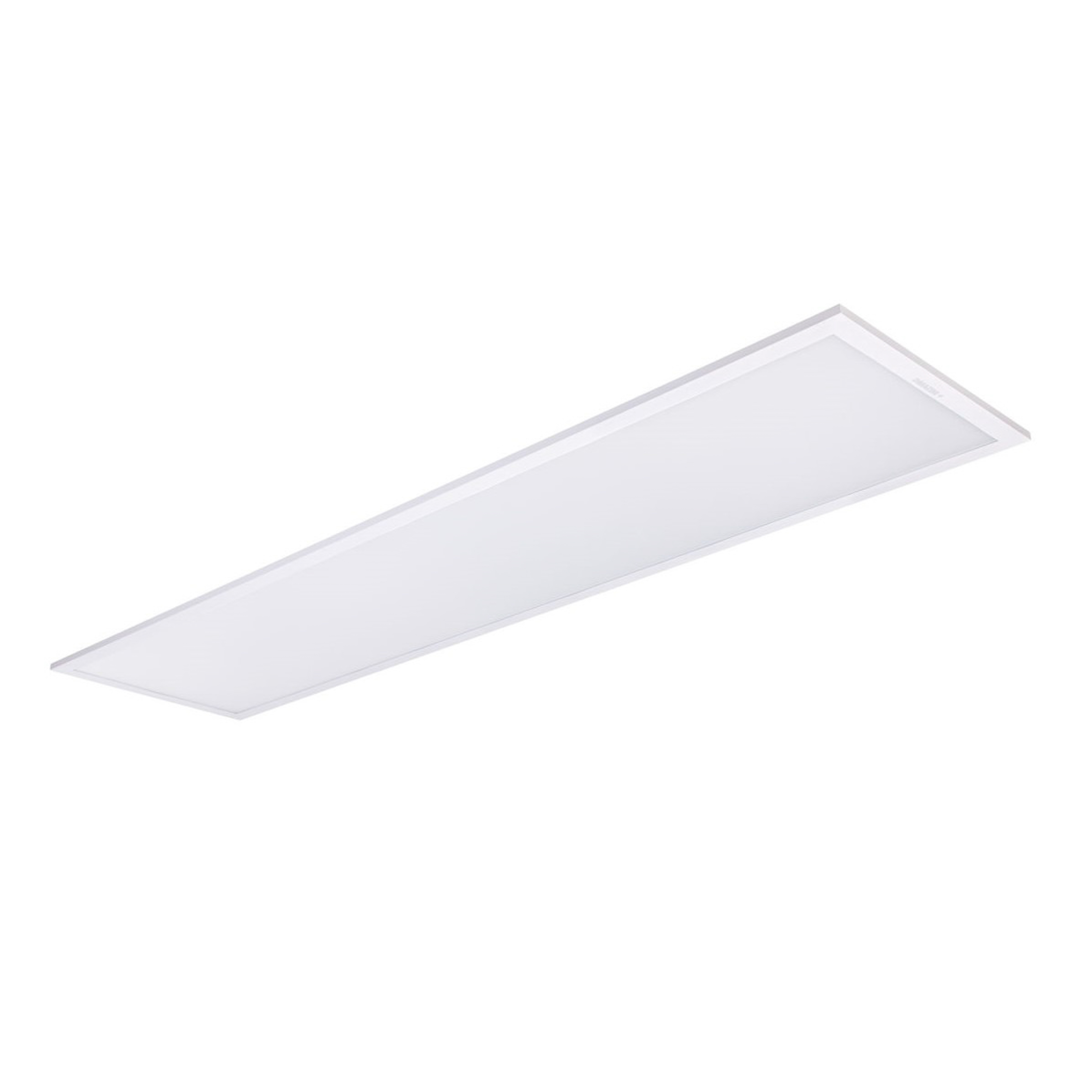 Un apparecchio di illuminazione a soffitto rettangolare bianco. Lo sfondo è bianco.
