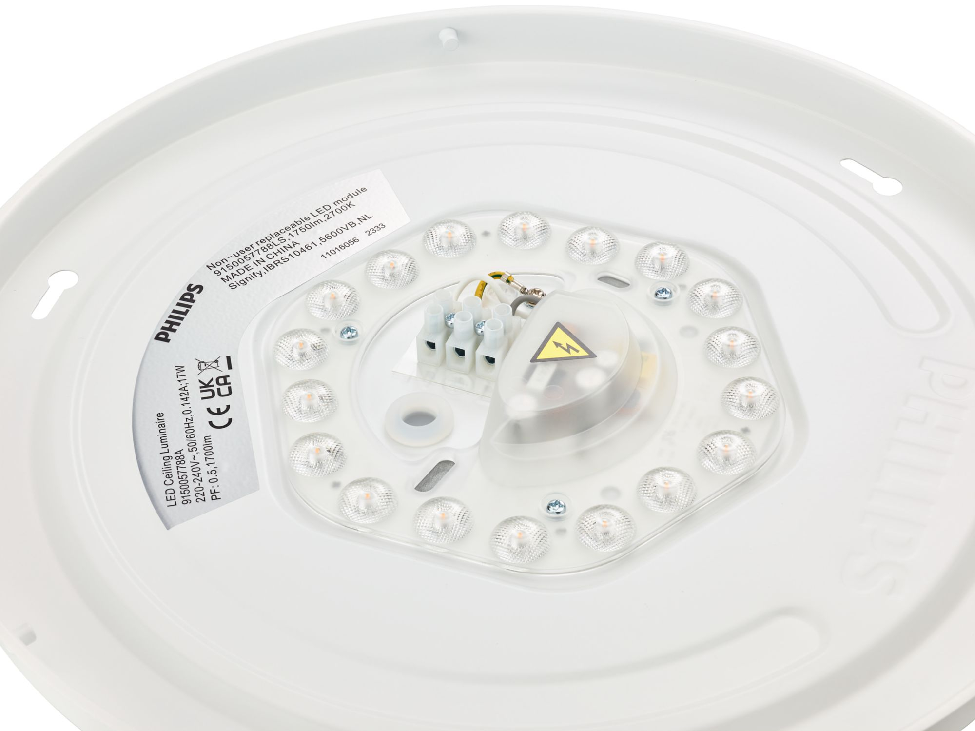 Luminaria de techo redonda con exterior e interior blancos, mostrando los LED internos y el cableado.