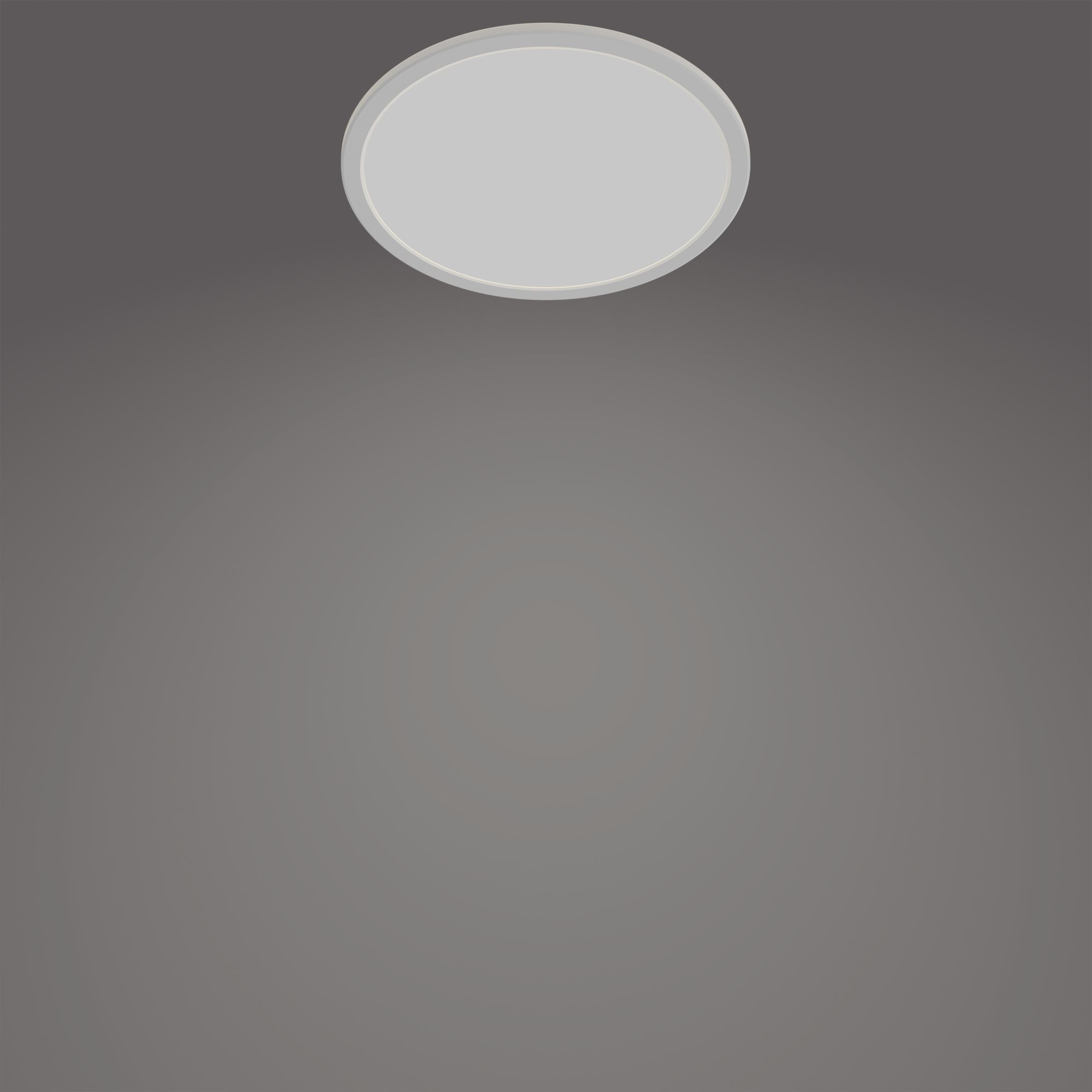 Un fond gris avec un plafonnier blanc centré en haut. La lumière brille doucement.