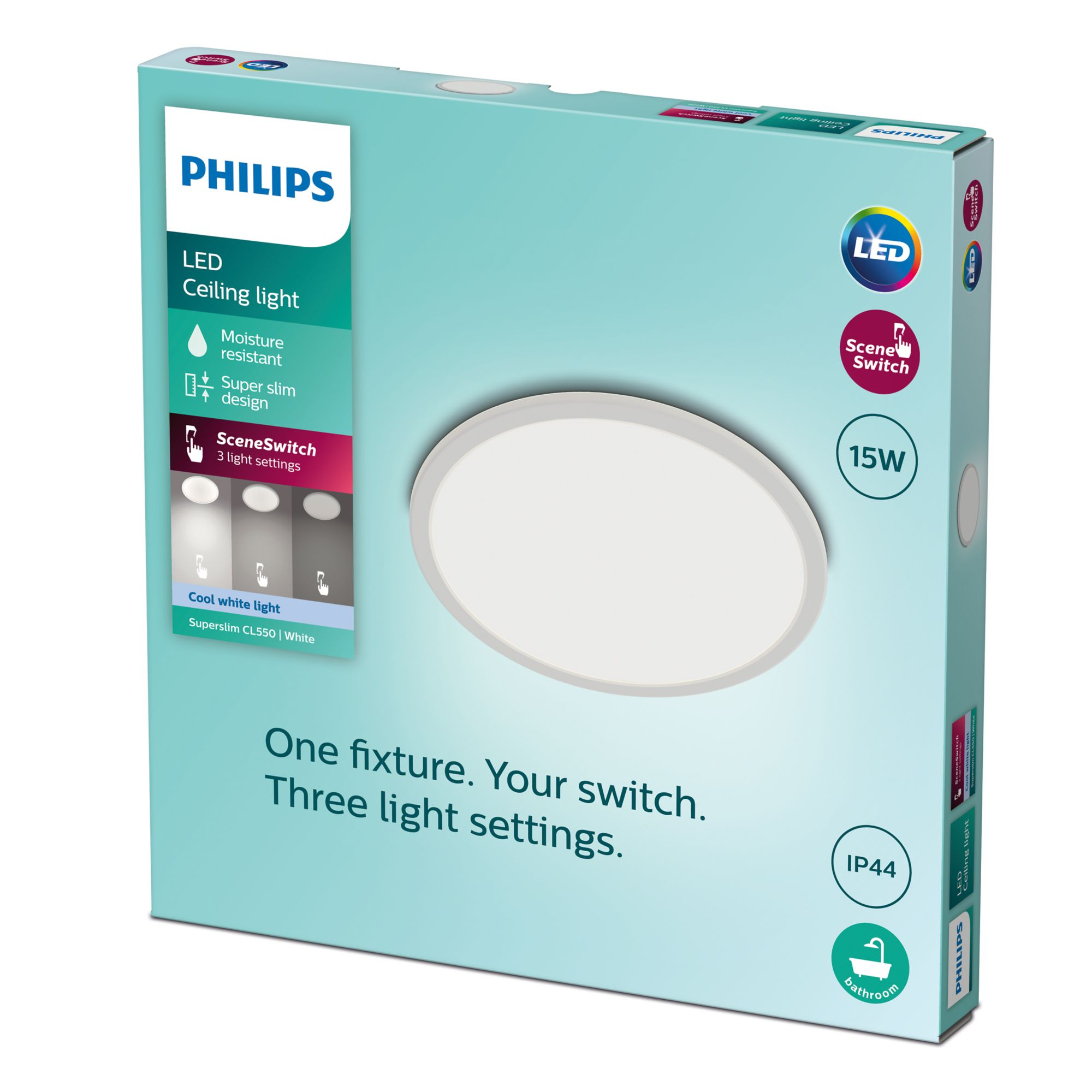 Plafonnier LED Philips en boîte. Contient du texte, des icônes de commutateur de scène et une illustration de lumière.
