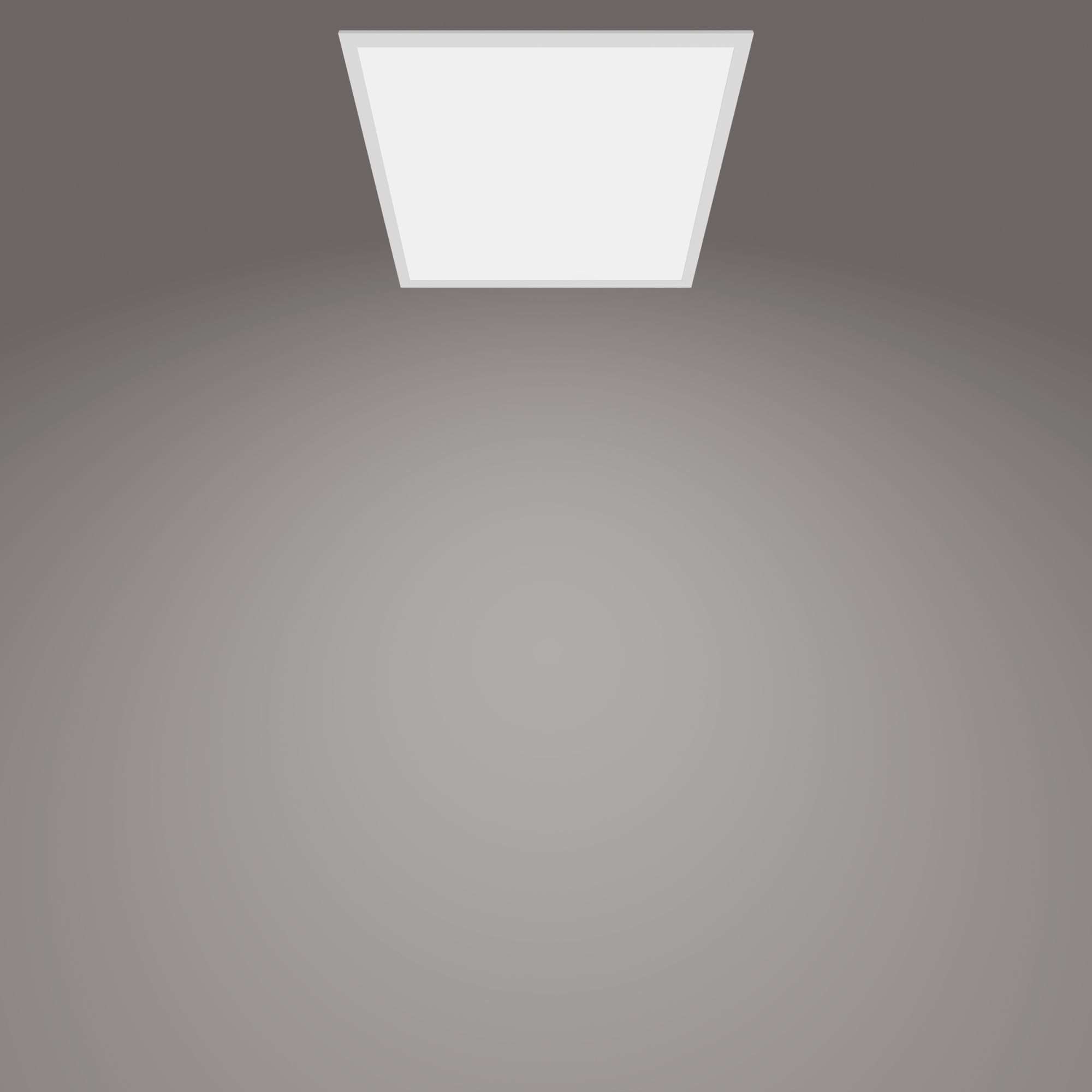 Quadratische Deckenleuchte, weiß auf grauem Hintergrund. Die Lichtquelle ist in der Mitte.