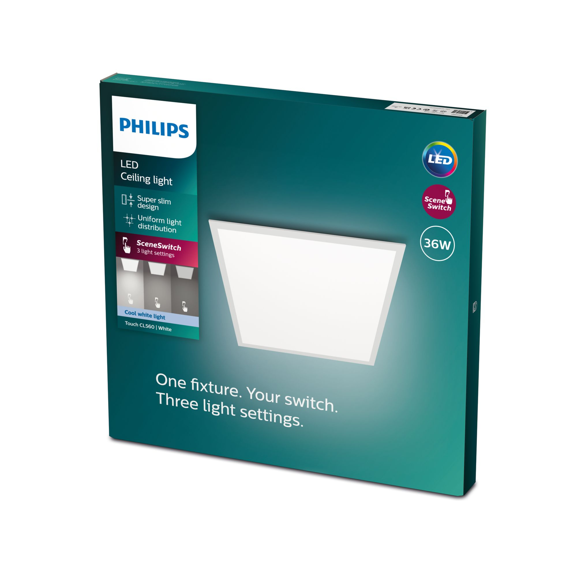 Karton mit Philips LED-Deckenleuchte, quadratische Form und Produktinformationen.