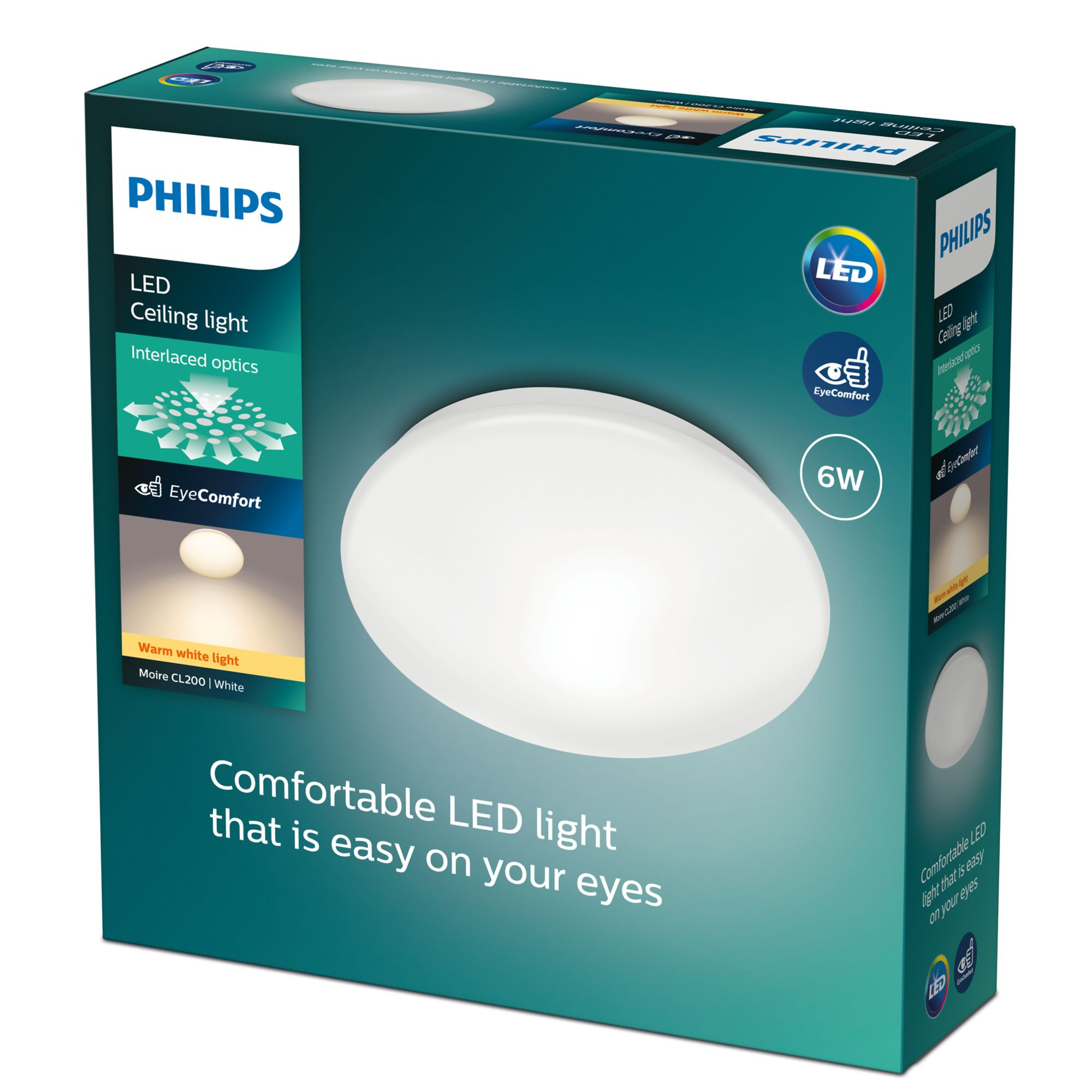 Philips LED plafondlamp doos. De doos is blauwgroen en heeft de lampafbeelding, wit licht en andere functies.