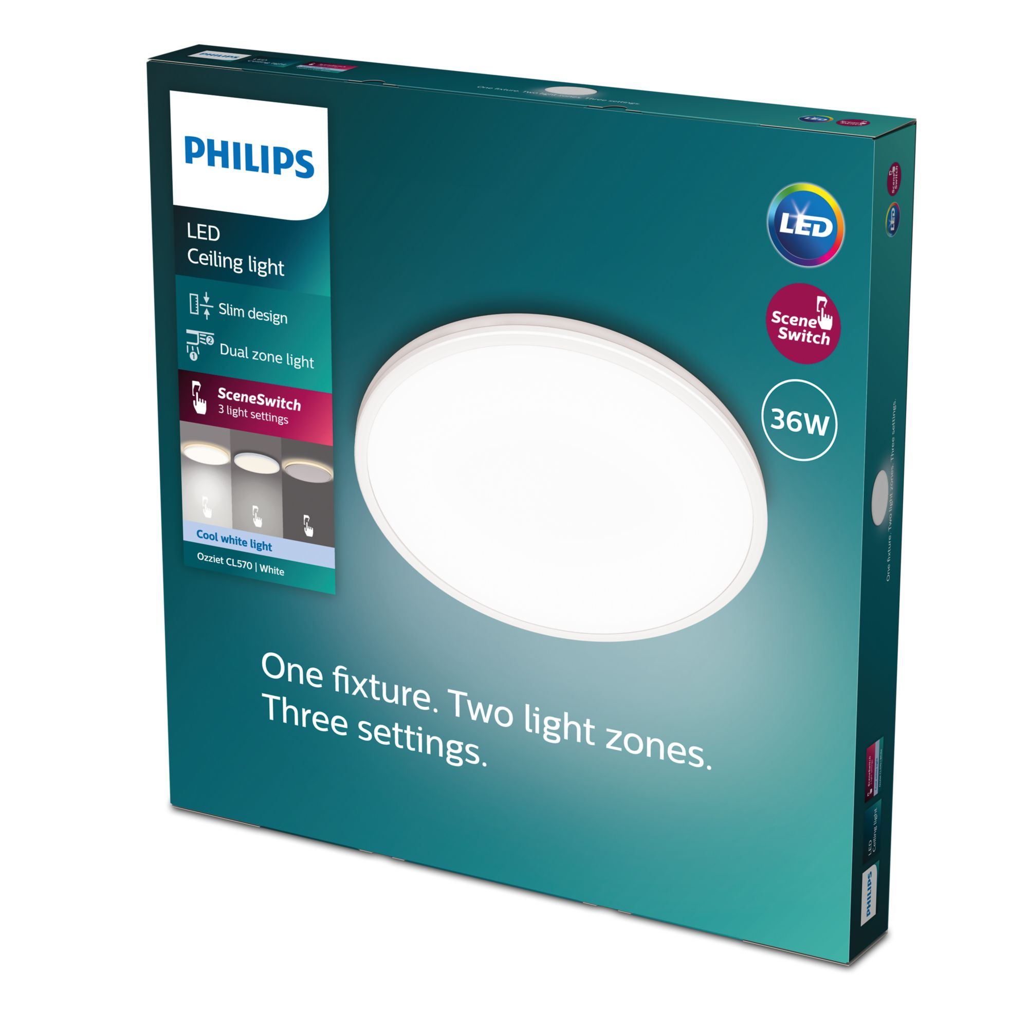 Plafonnier LED Philips en boîte. Caractéristiques : design fin, lumière à double zone, SceneSwitch. Indique : Un luminaire, deux zones, trois réglages.