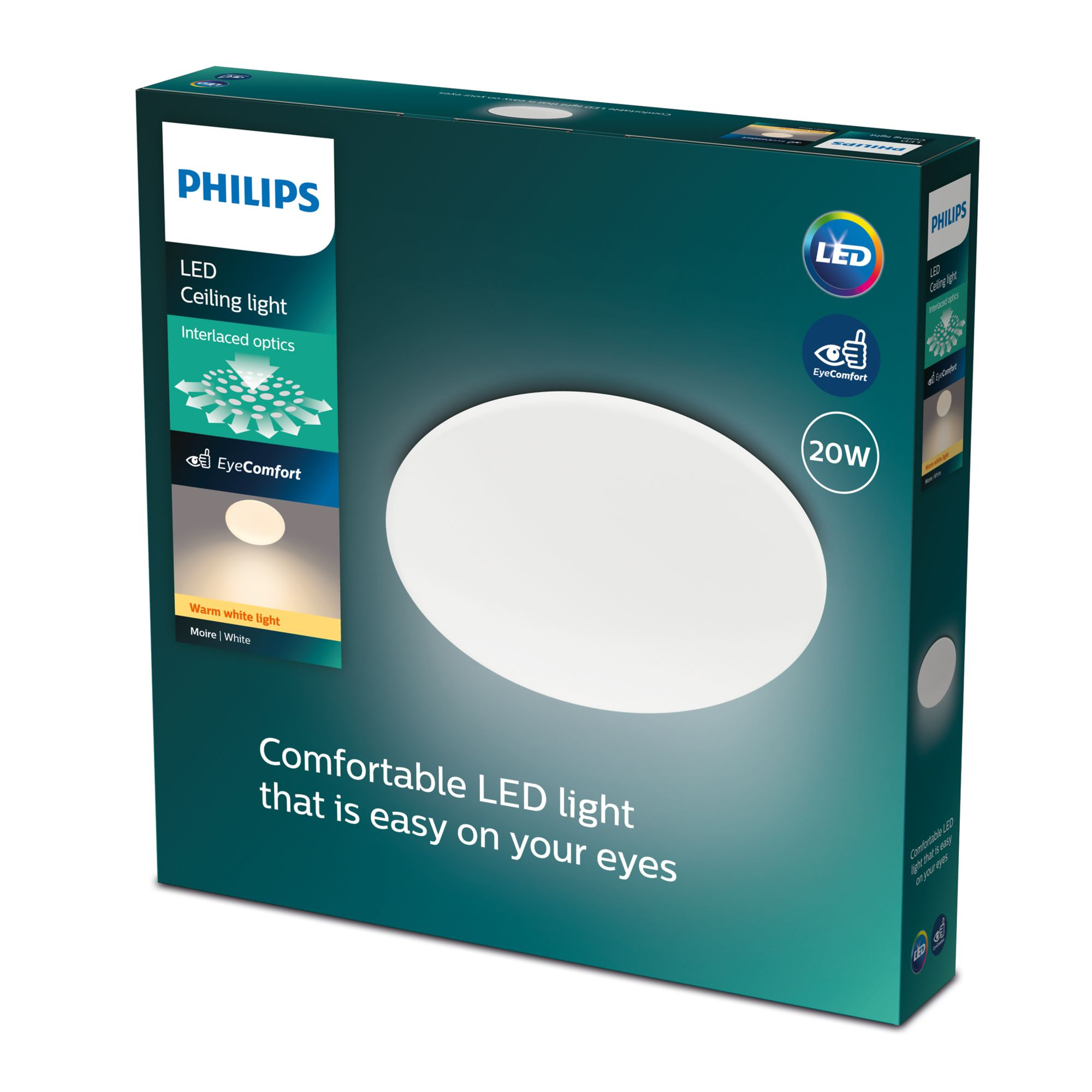 Karton für Philips LED Deckenleuchte. Weißes rundes Licht, Text und Symbole auf tealfarbenem Hintergrund.
