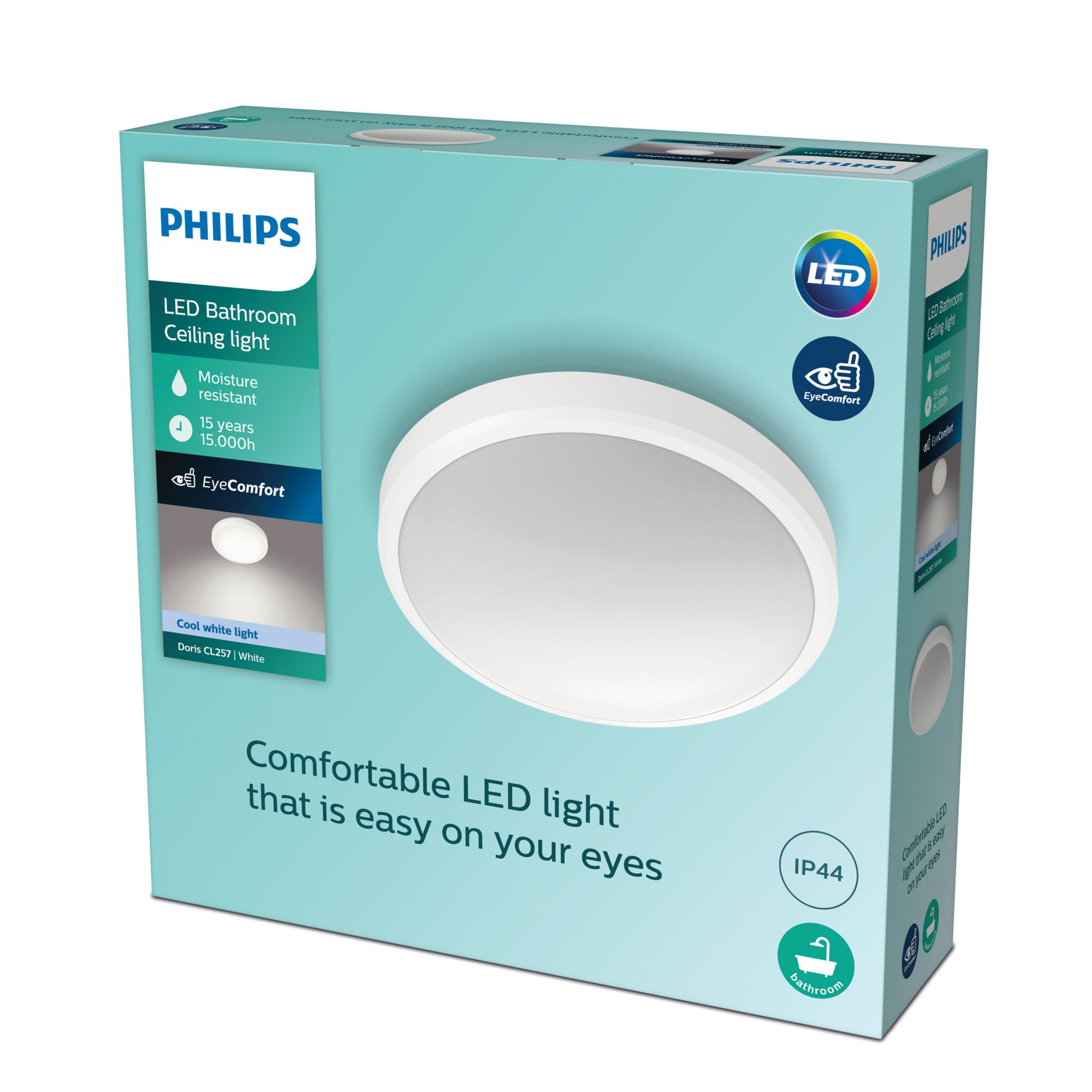 Una caja con la marca Philips y una lámpara de techo. Es una luz LED para baño.