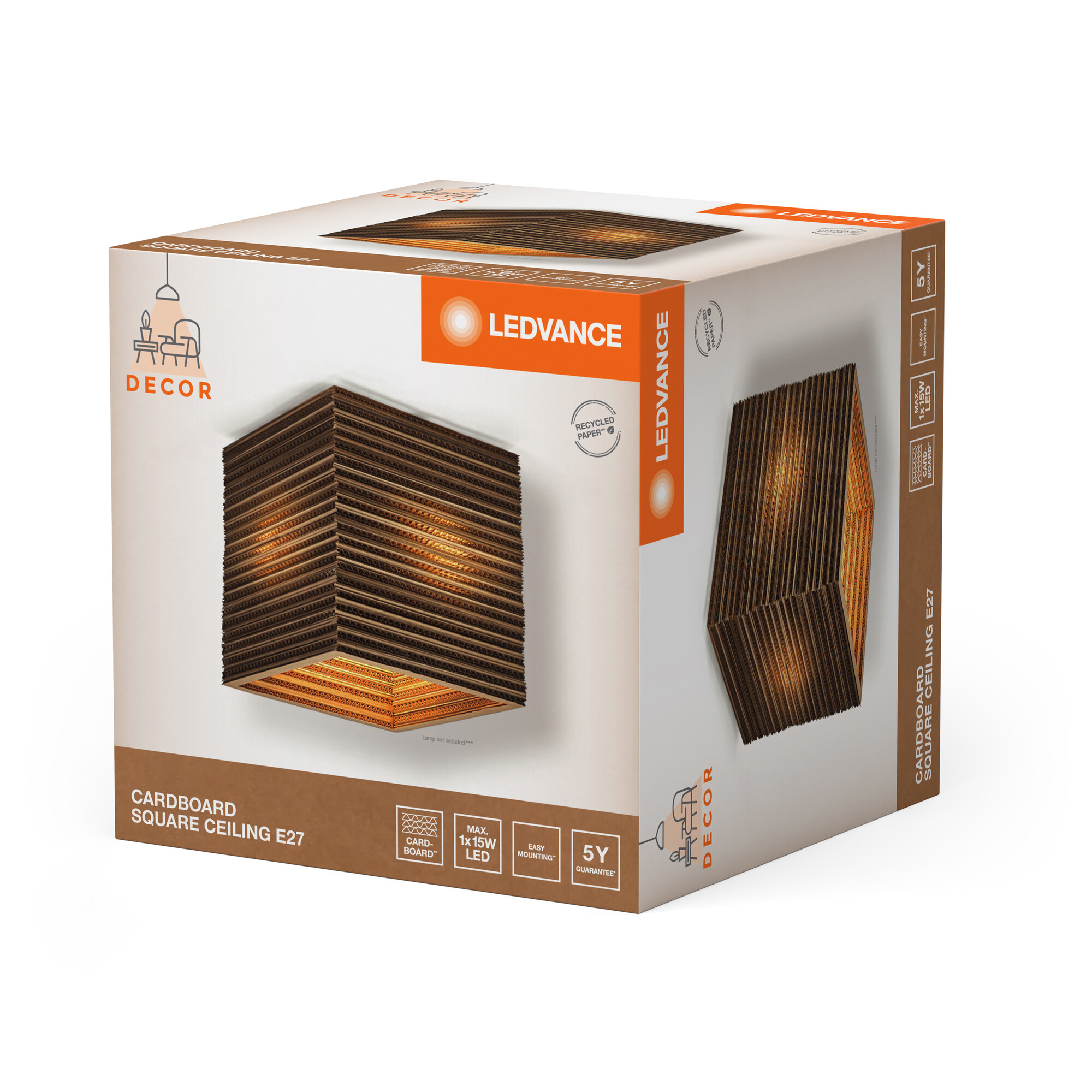 Kartonbox mit Lampenbild, Marke LEDVANCE und Produktdetails.