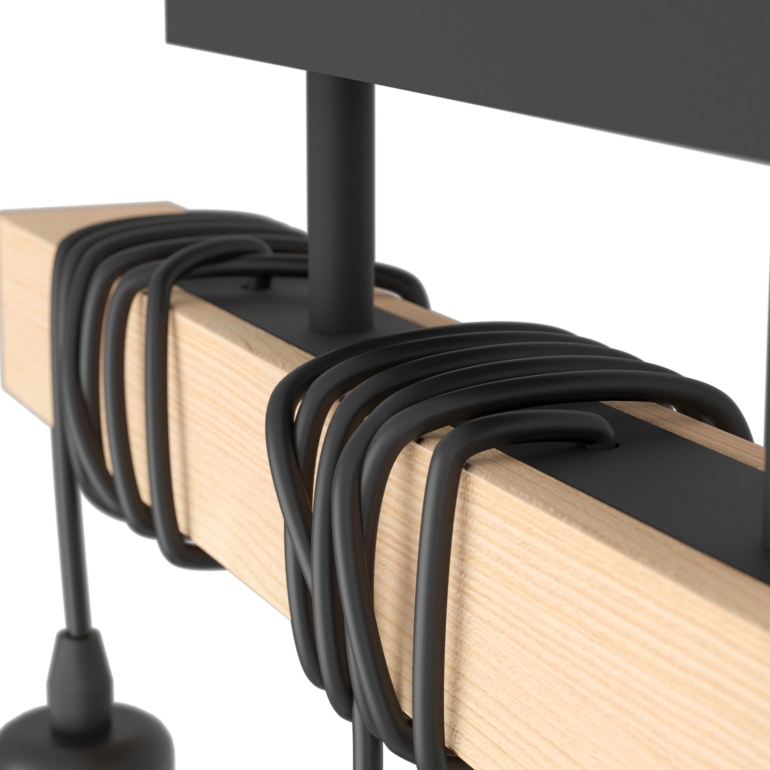 Poutre en bois avec des fils noirs enroulés, luminaires noirs attachés.