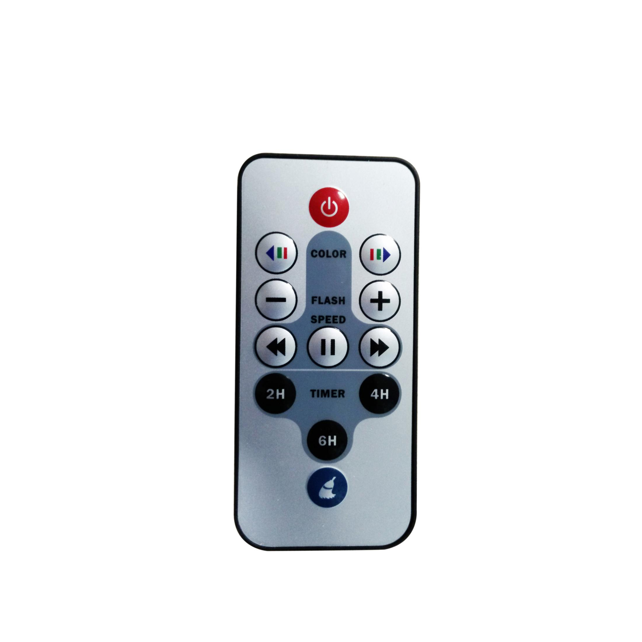 Silver remote control with several buttons including power, color, flash, and timer functions.