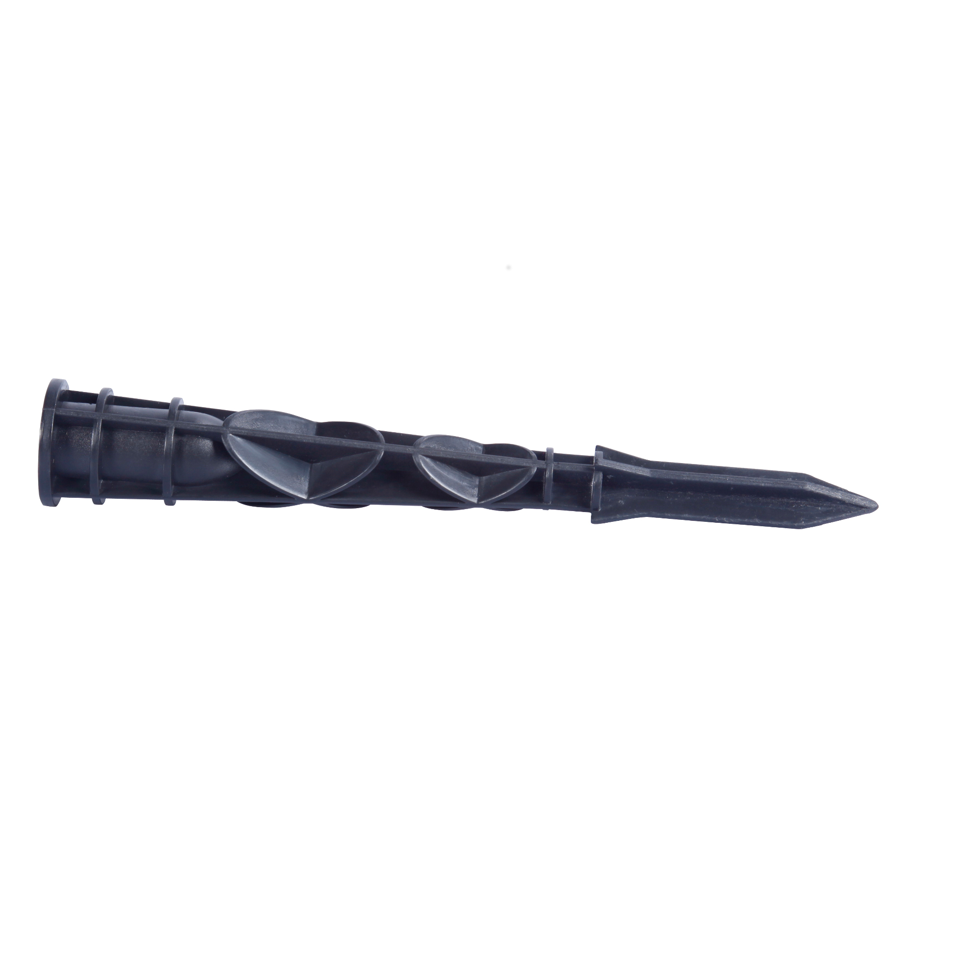 A black plastic stake with heart-shaped cutouts and a pointed end.
