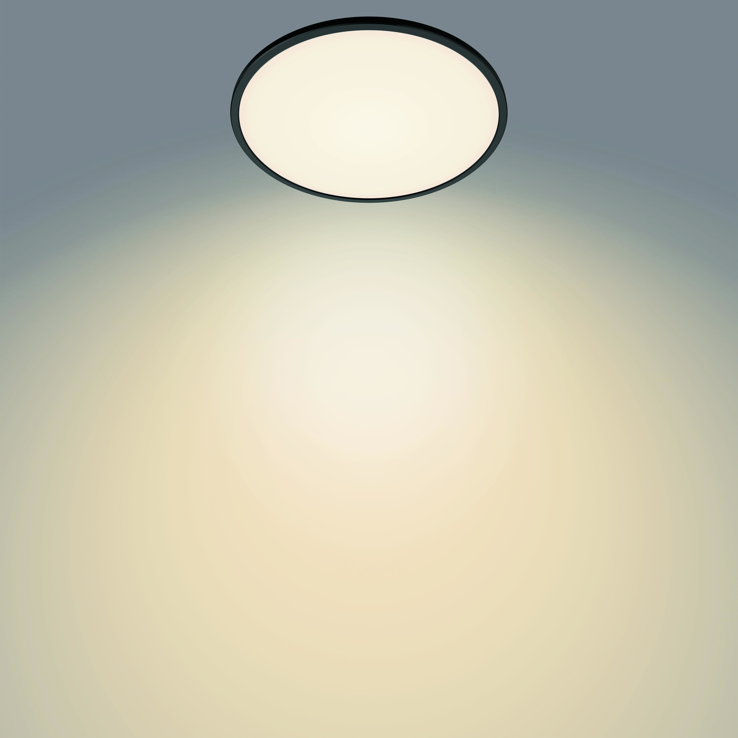 Un plafonnier rond et noir. L'intérieur est blanc et éclairé, entouré d'une bordure sombre.