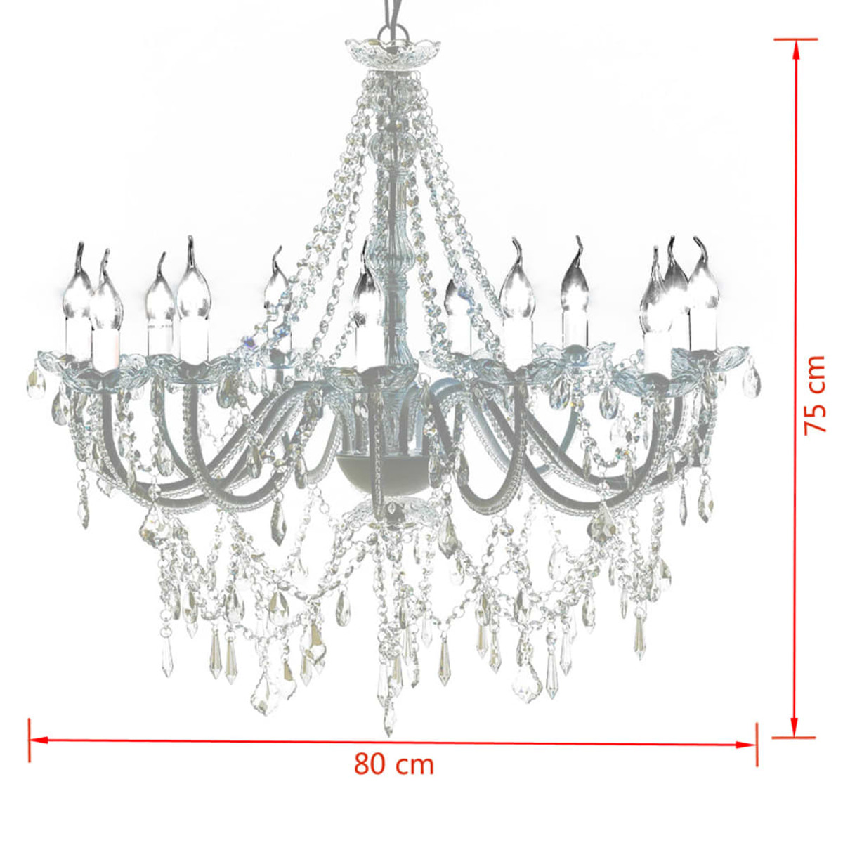 Un lampadario di cristallo con molte lampadine. È appeso al soffitto, le dimensioni sono indicate.