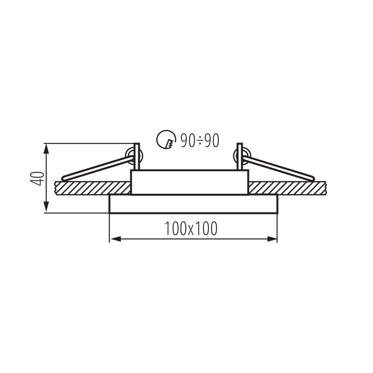 Disegno tecnico di un apparecchio a incasso, con vista laterale e dimensioni.