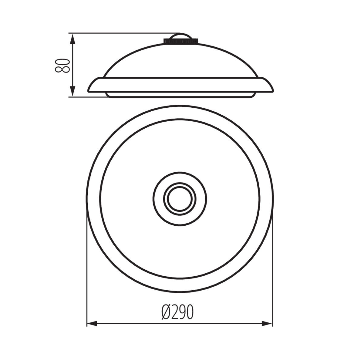 Disegno tecnico di una plafoniera rotonda con dimensioni in mm.