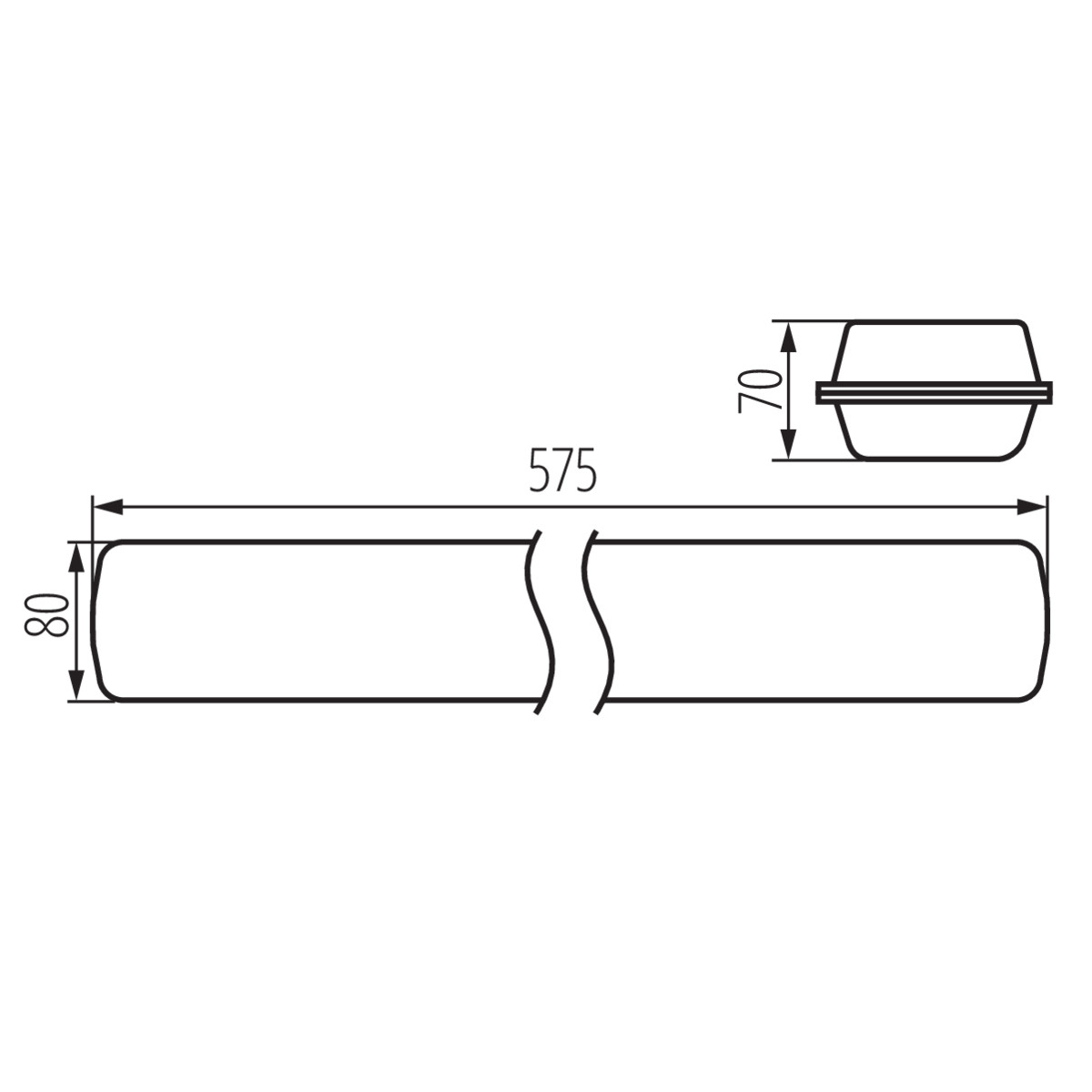 Disegno tecnico di un lungo apparecchio di illuminazione rettangolare con dimensioni in mm.