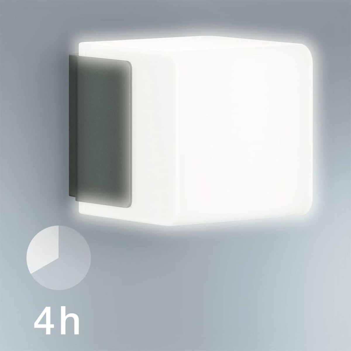 Applique a forma di cubo bianco moderno con staffa di montaggio grigio scuro e icona del timer.