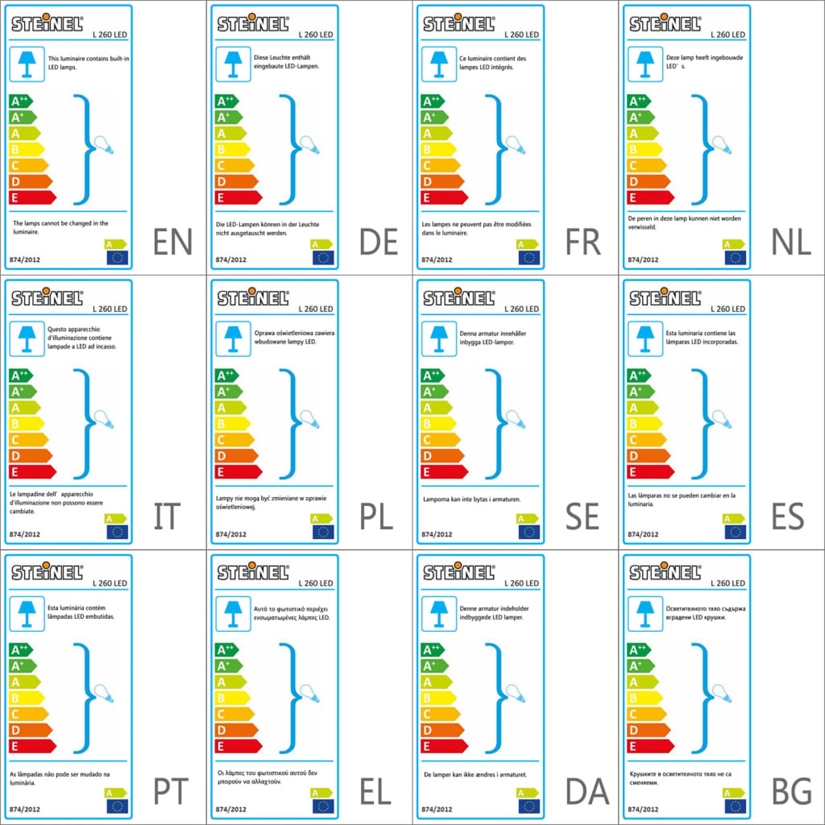 Etichette energetiche in più lingue, che mostrano le valutazioni da A++ a E, per una lampada STEINEL L 260 LED.