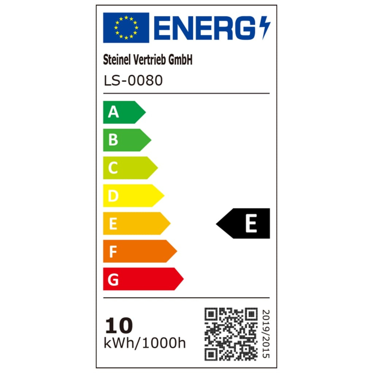 Etichetta energetica che mostra la classe di efficienza energetica E, con logo e testo, su sfondo bianco.