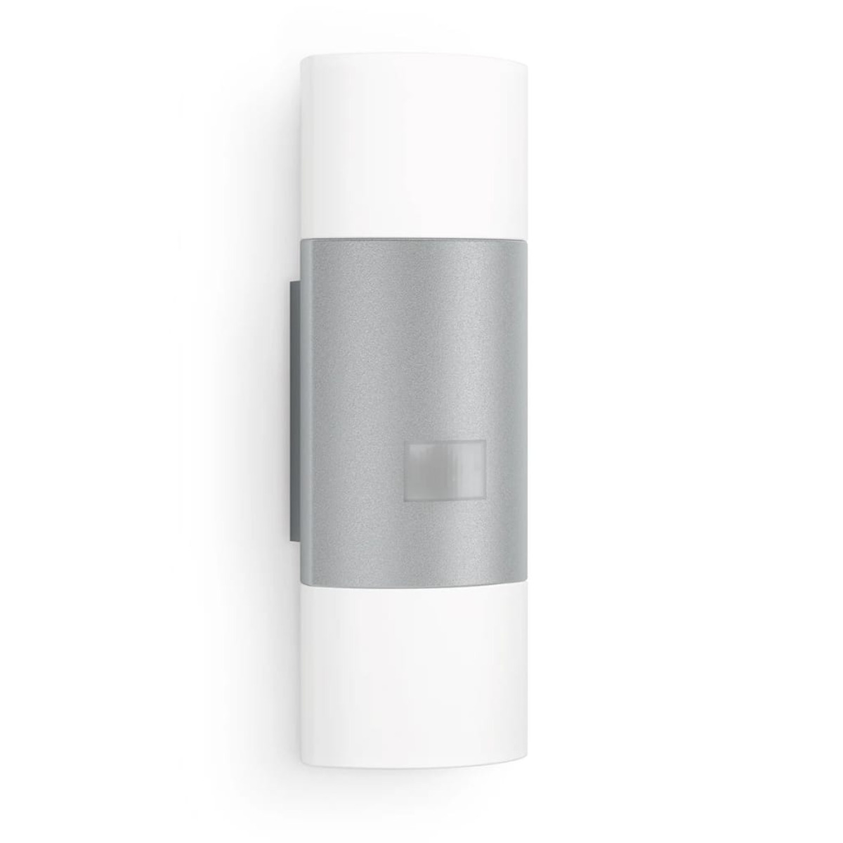 Apparecchio di illuminazione verticale, bianco e grigio, montato a parete. Contiene un piccolo sensore.