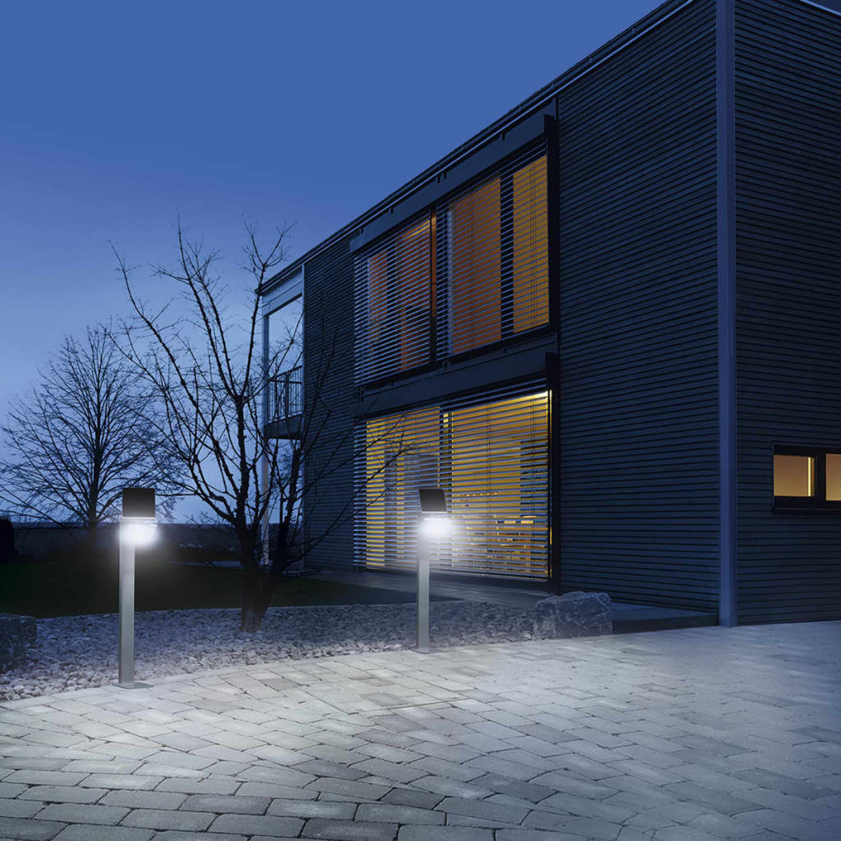 Modernes Haus bei Nacht mit zwei beleuchteten Gartenleuchten, Bäumen und einer gepflasterten Einfahrt.