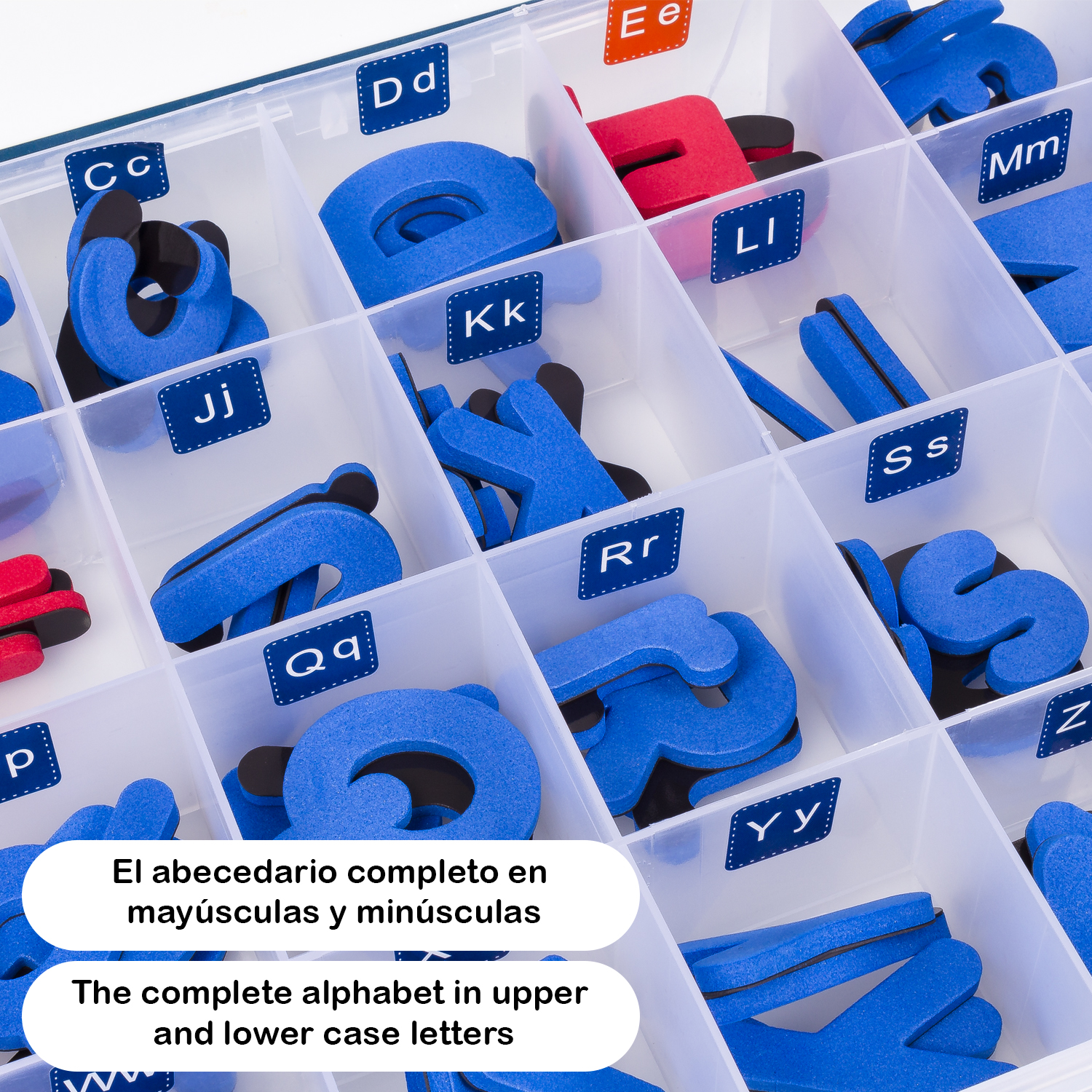 Letras del alfabeto en un organizador plástico transparente. Letras azules y rojas con etiquetas.