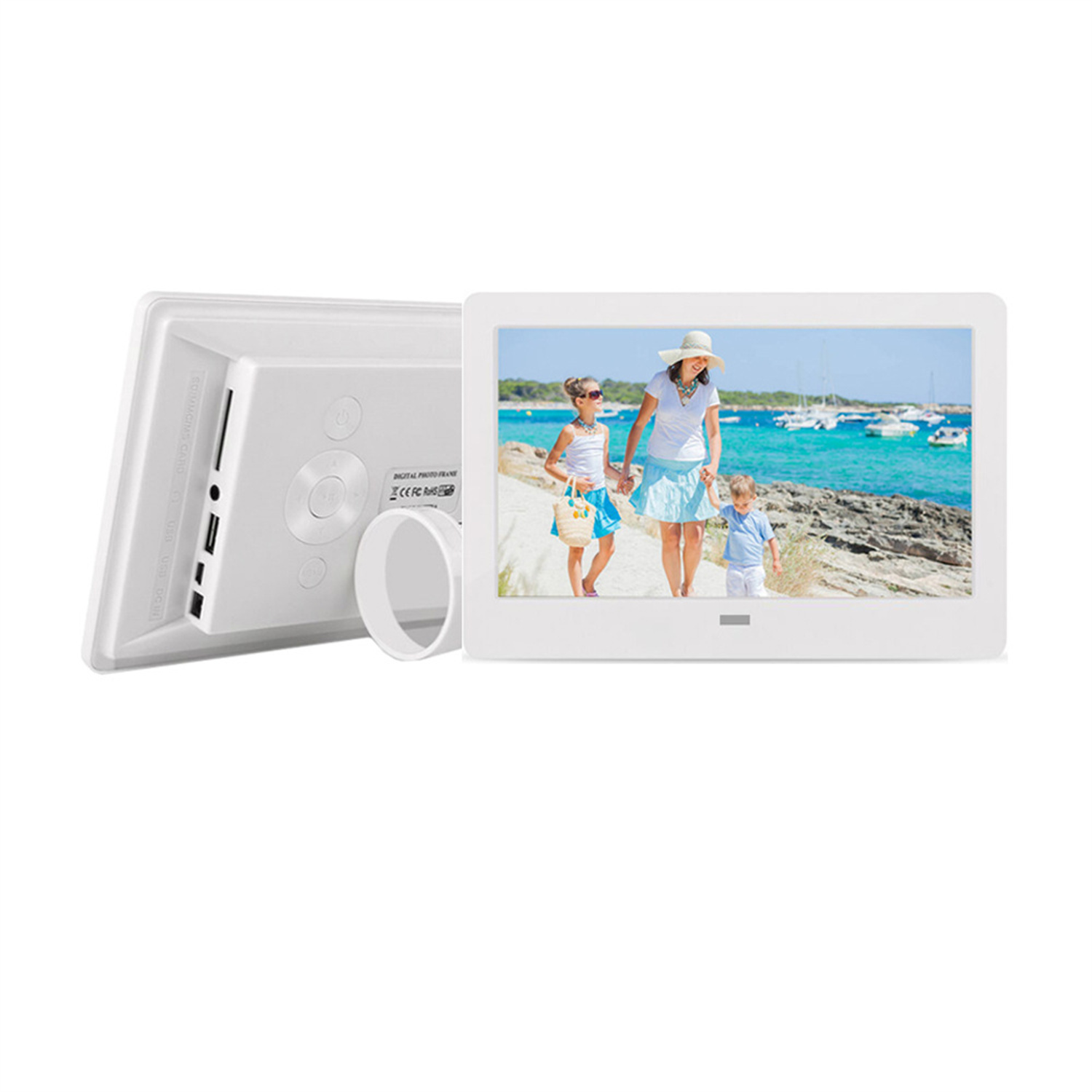 Ein digitaler Bilderrahmen, der ein Foto einer Familie am Strand zeigt. Zweiter Rahmen.