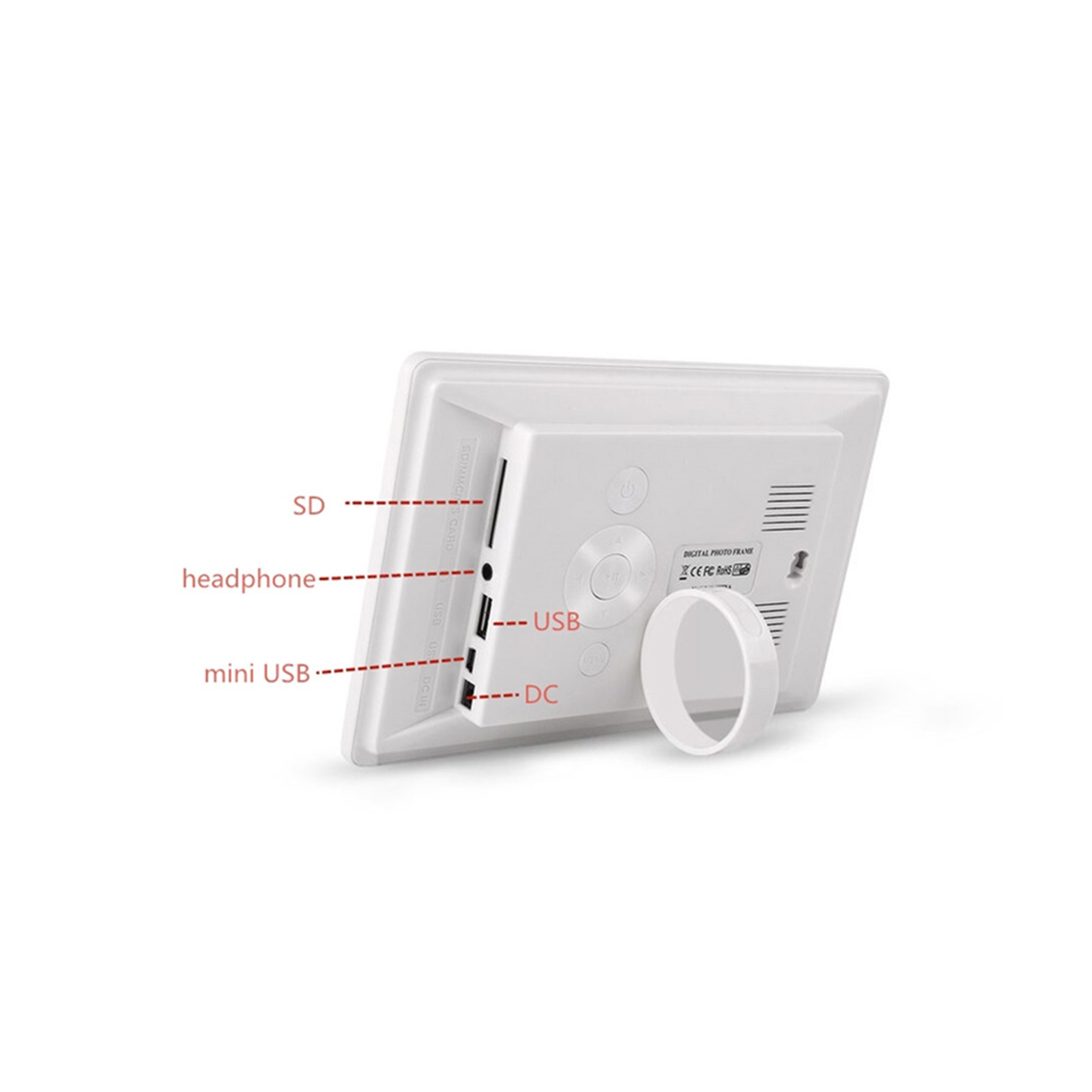 Ein weißer digitaler Bilderrahmen mit Anschlüssen: SD, Kopfhörer, Mini-USB, USB und DC. Der Rahmen hat einen Ständer.